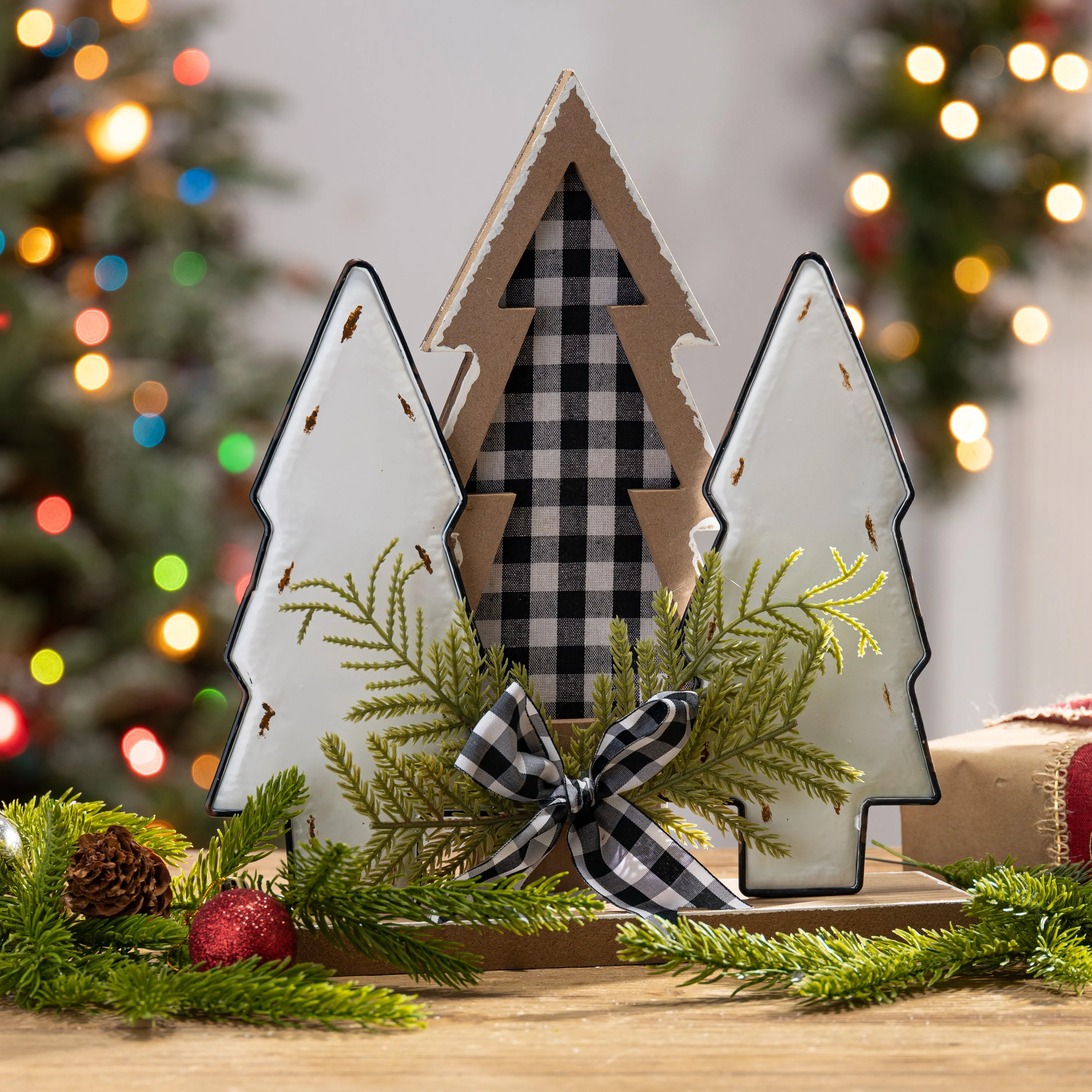 12-in H Wood Holiday Trees with Pine & Bow Accent