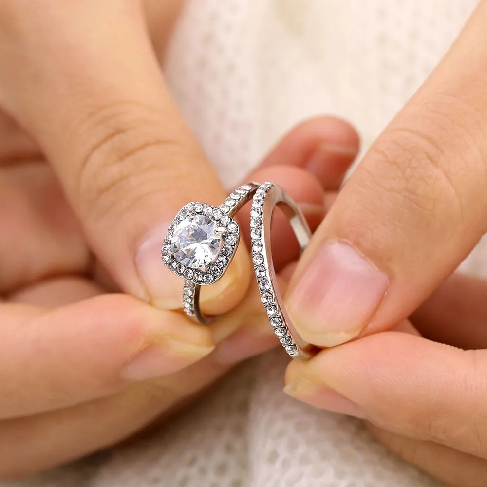 17IF Fashion Engagemen Zircon Crystal Rings Womens Girls Silver Filled Wedding Ring Set Lover Wedding Jewelry Party Gift 2020