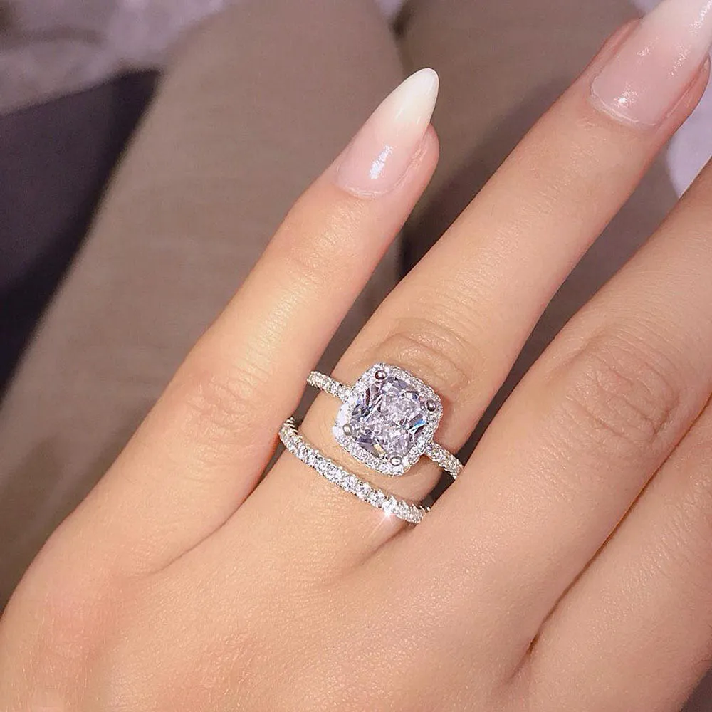 17IF Fashion Engagemen Zircon Crystal Rings Womens Girls Silver Filled Wedding Ring Set Lover Wedding Jewelry Party Gift 2020