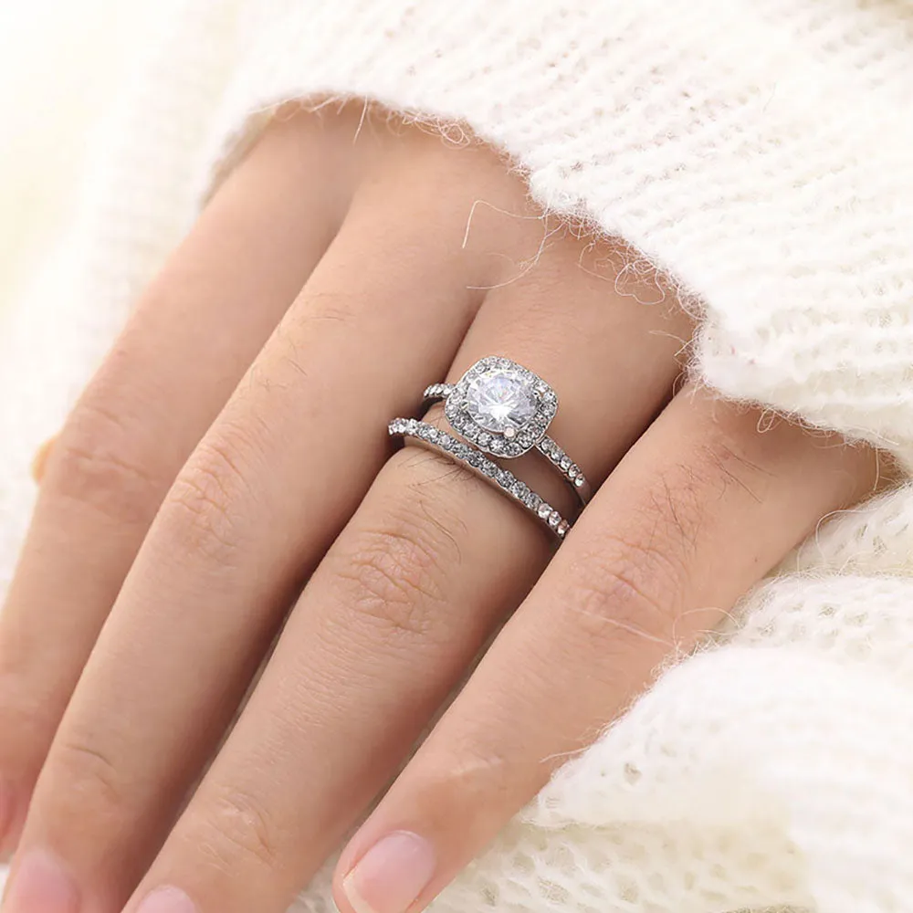 17IF Fashion Engagemen Zircon Crystal Rings Womens Girls Silver Filled Wedding Ring Set Lover Wedding Jewelry Party Gift 2020