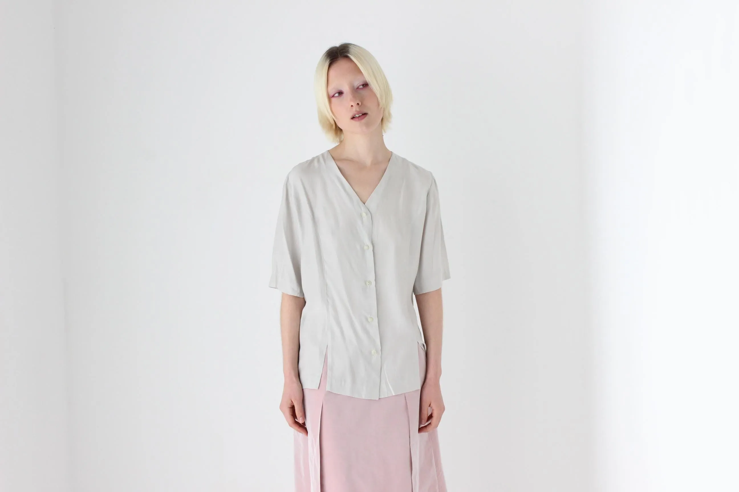 80s PURE SILK Dove Grey Button Up