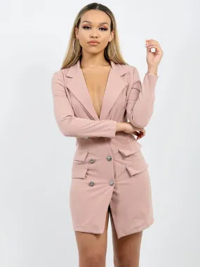 Anna Button Front Plunge Blazer Dress In Rose Gold