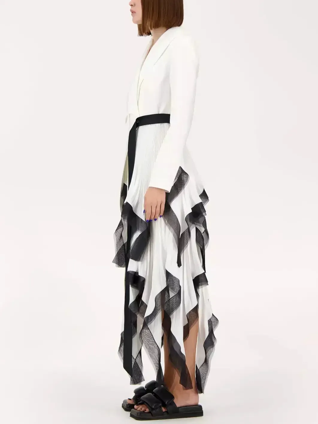 Asymmetric One-Side Pleat Ruffled Blazer Dress