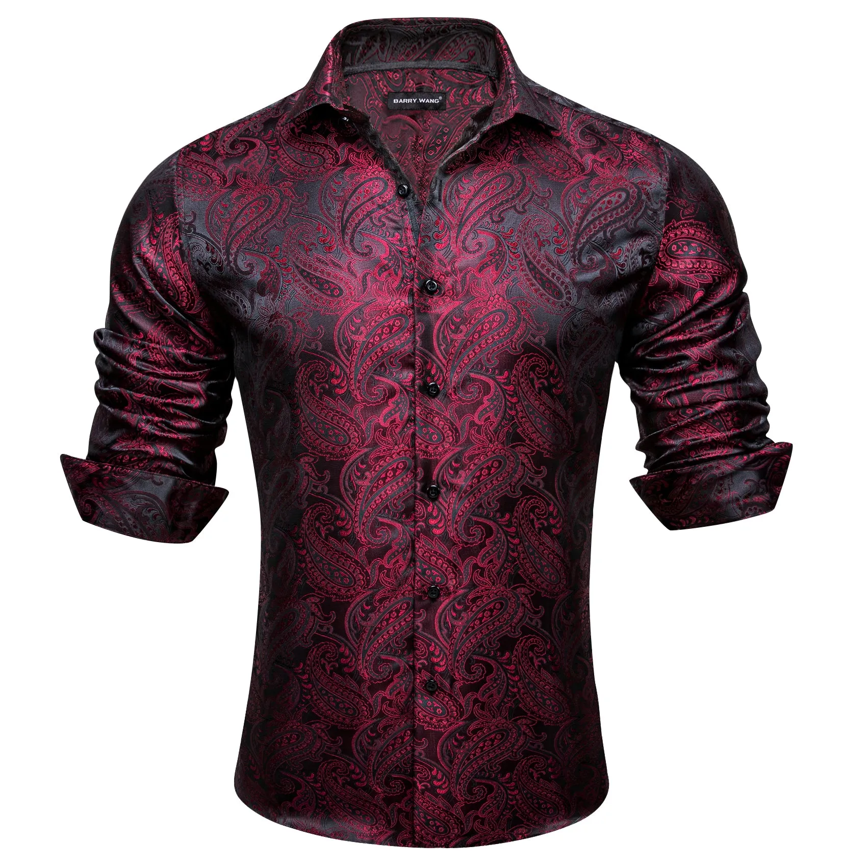 Barry Wang Dress Work Shirts Red Black Paisley Silk Men's Dress Shirt