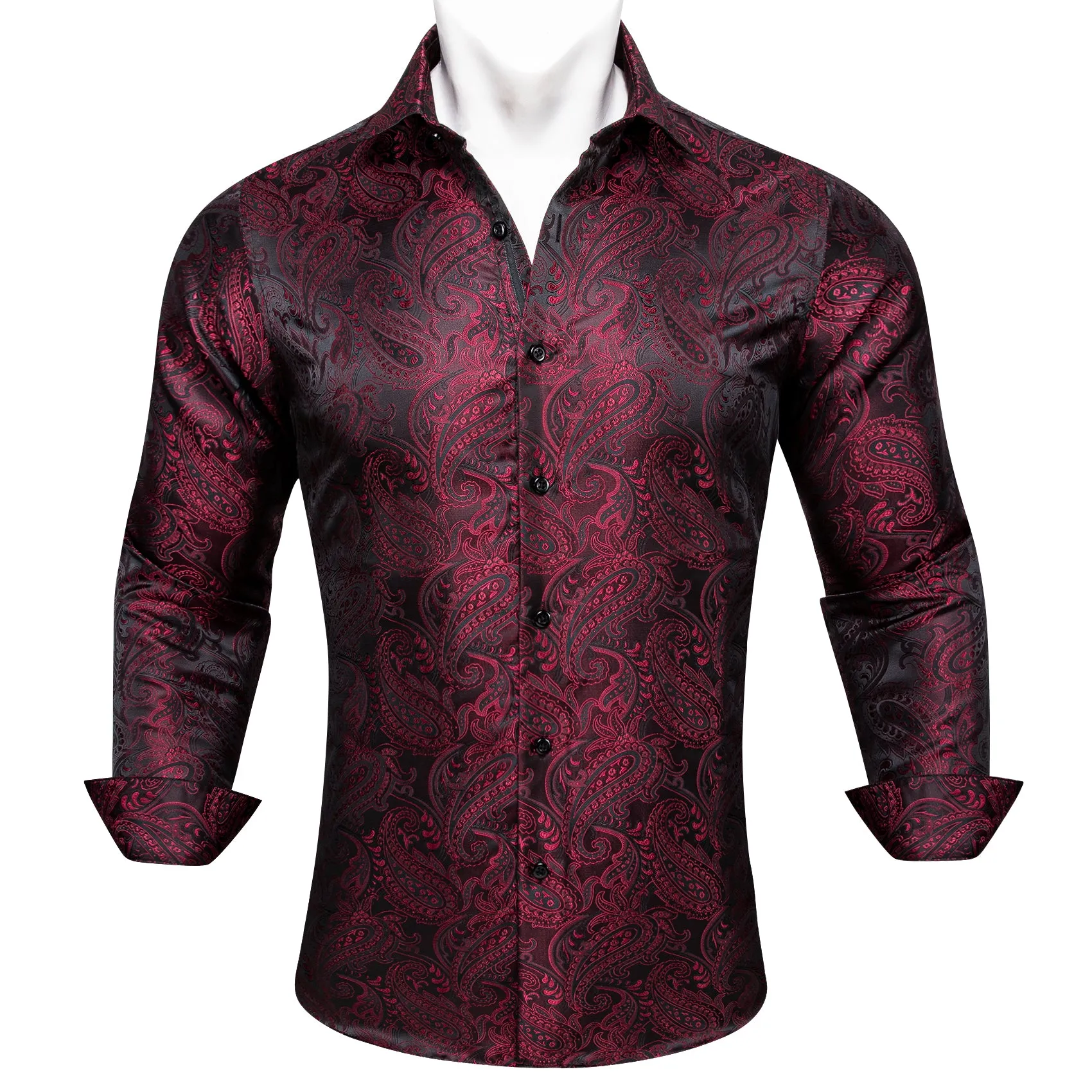 Barry Wang Dress Work Shirts Red Black Paisley Silk Men's Dress Shirt