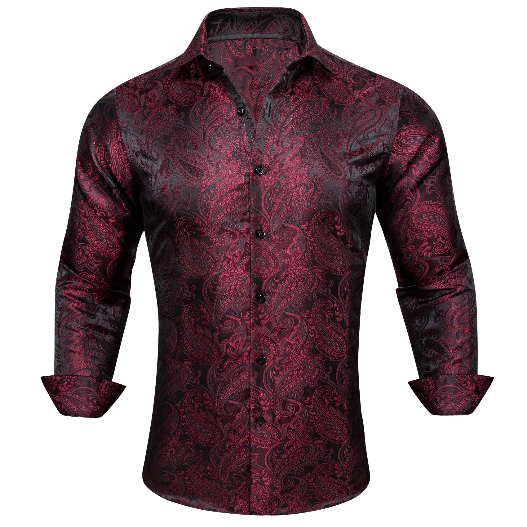 Barry Wang Dress Work Shirts Red Black Paisley Silk Men's Dress Shirt