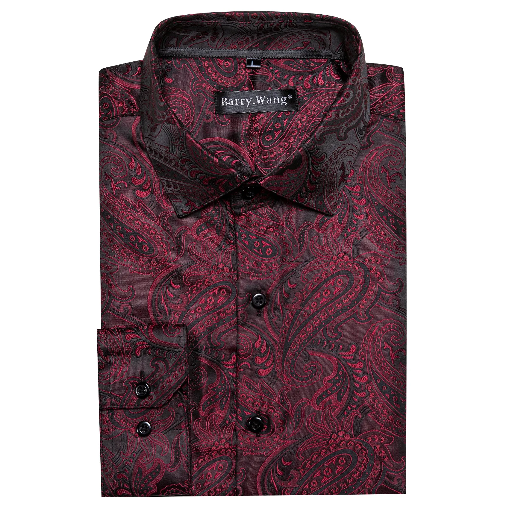 Barry Wang Dress Work Shirts Red Black Paisley Silk Men's Dress Shirt
