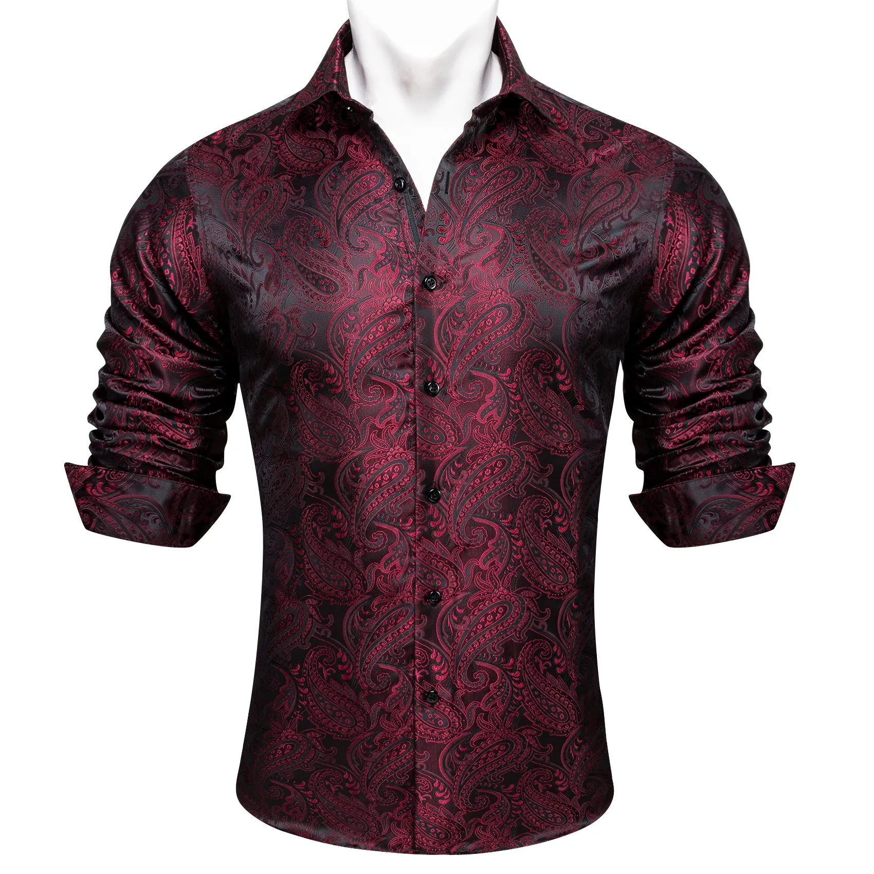 Barry Wang Dress Work Shirts Red Black Paisley Silk Men's Dress Shirt