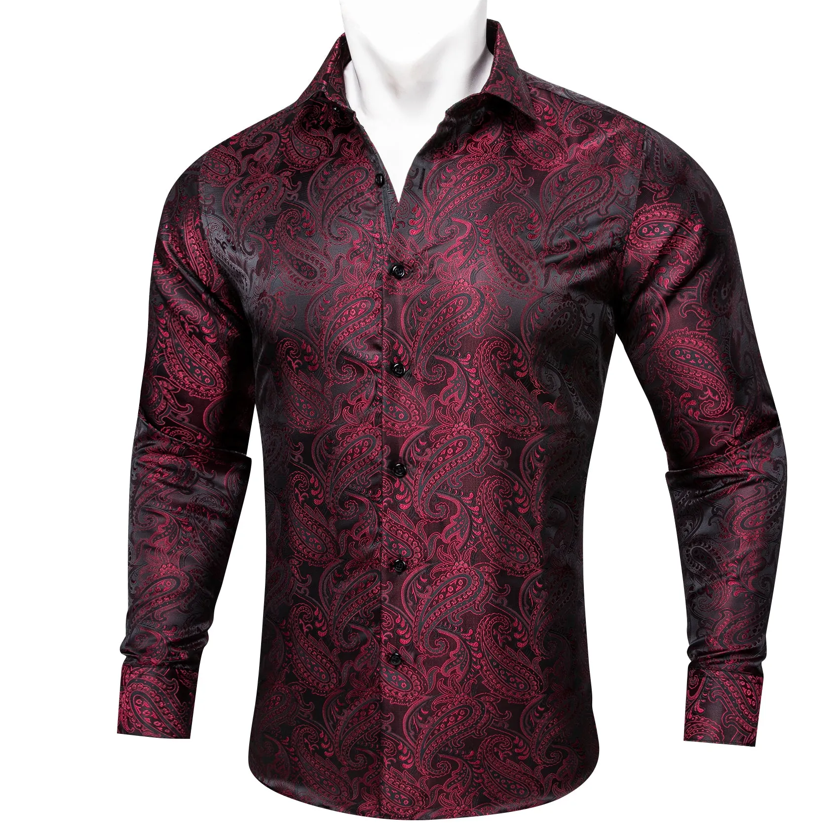 Barry Wang Dress Work Shirts Red Black Paisley Silk Men's Dress Shirt