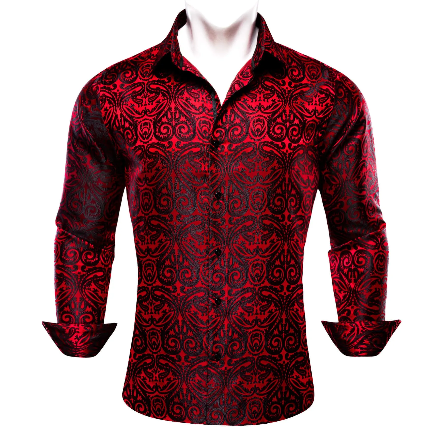 Barry Wang Men's Shirt Red Black Woven Paisley Silk Long Sleeve Shirt Classic