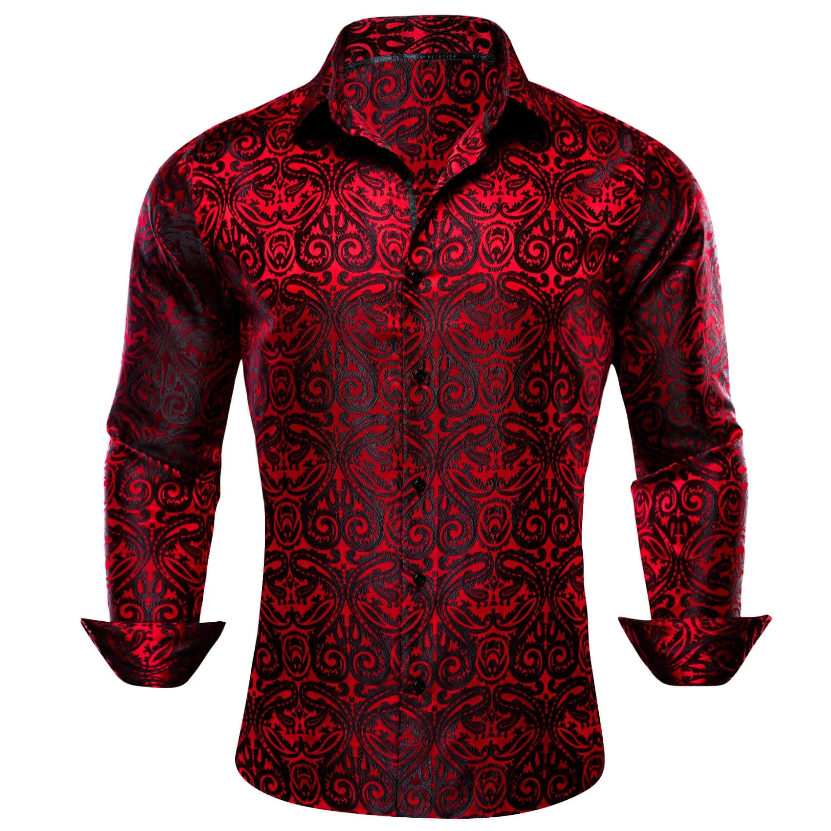 Barry Wang Men's Shirt Red Black Woven Paisley Silk Long Sleeve Shirt Classic