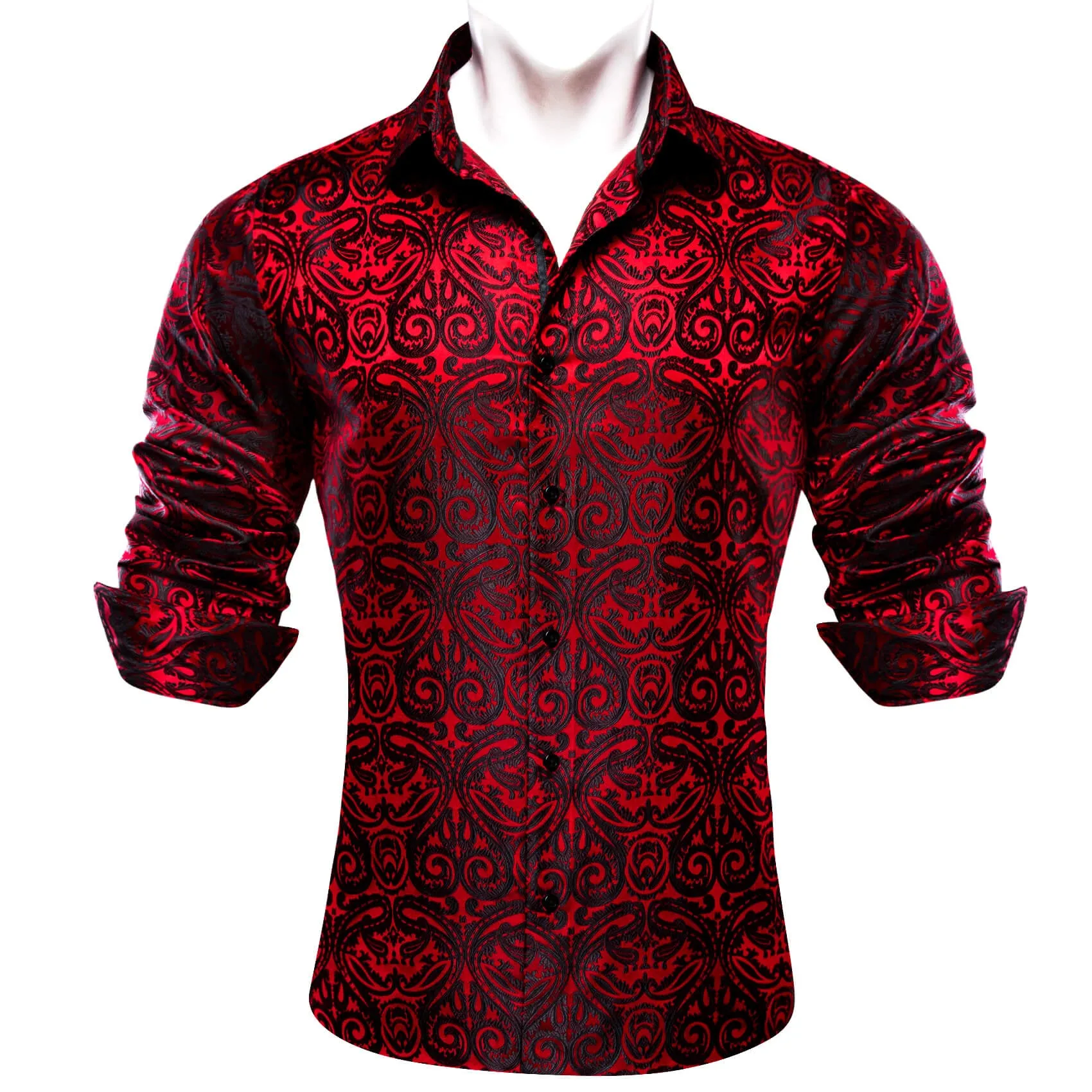 Barry Wang Men's Shirt Red Black Woven Paisley Silk Long Sleeve Shirt Classic
