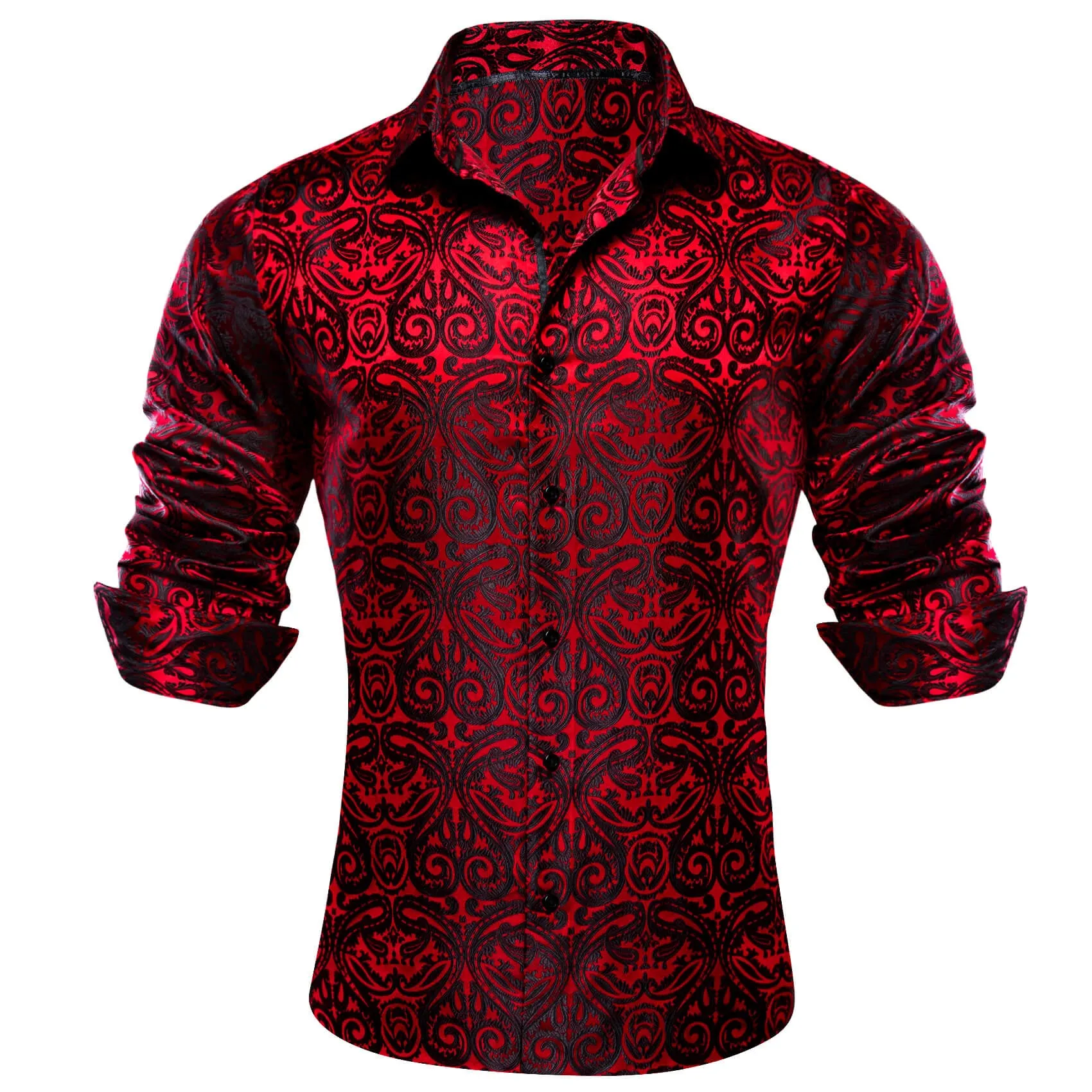 Barry Wang Men's Shirt Red Black Woven Paisley Silk Long Sleeve Shirt Classic