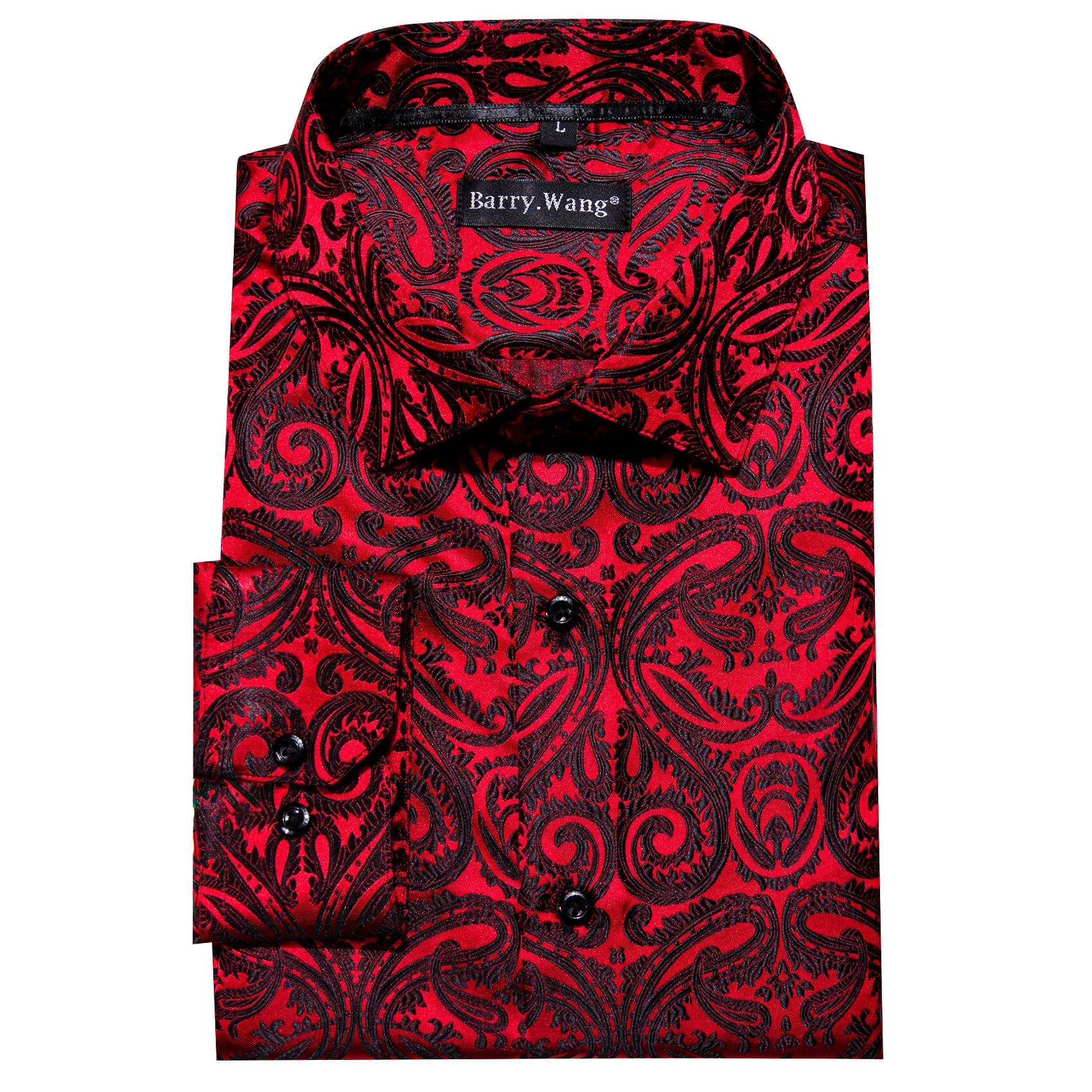 Barry Wang Men's Shirt Red Black Woven Paisley Silk Long Sleeve Shirt Classic