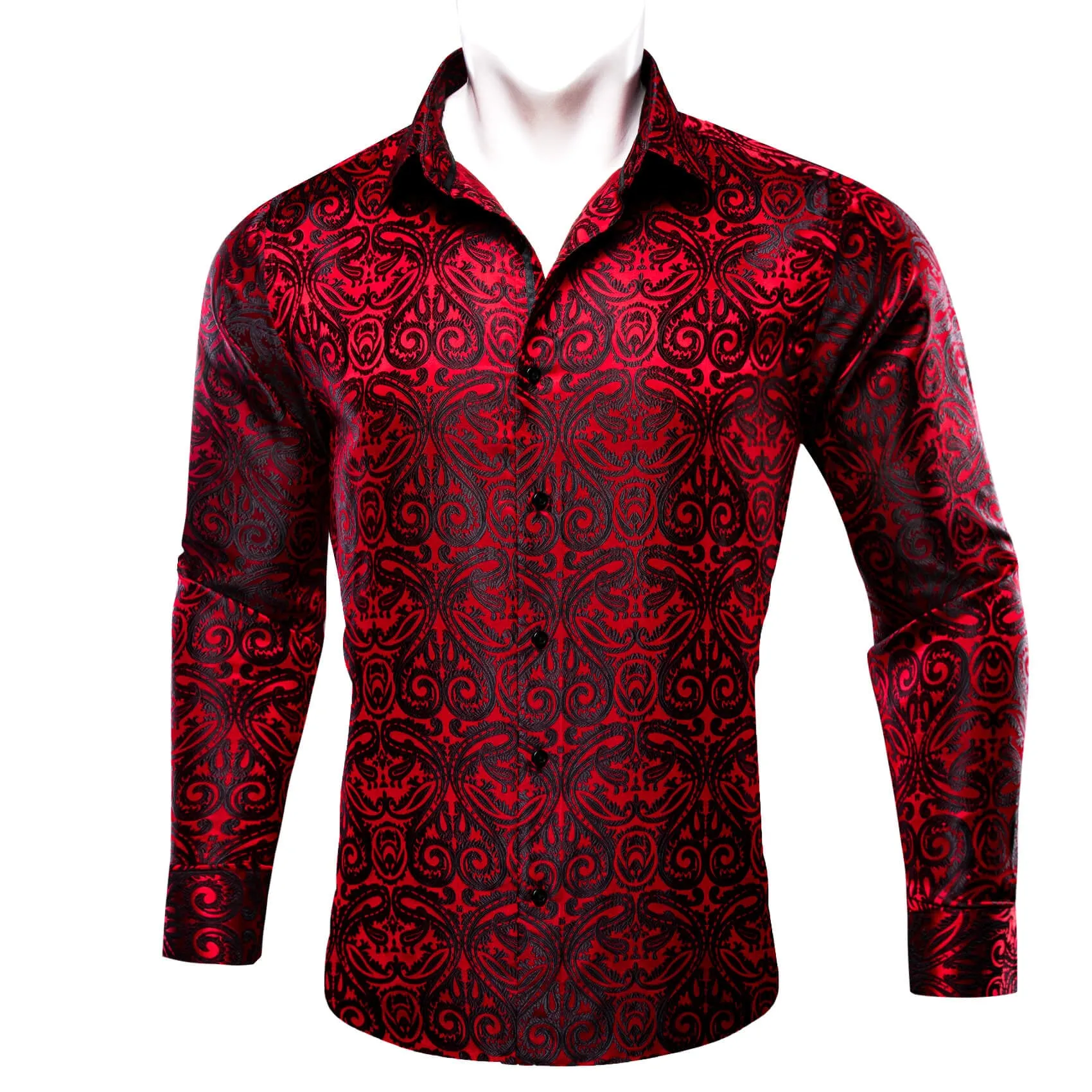 Barry Wang Men's Shirt Red Black Woven Paisley Silk Long Sleeve Shirt Classic