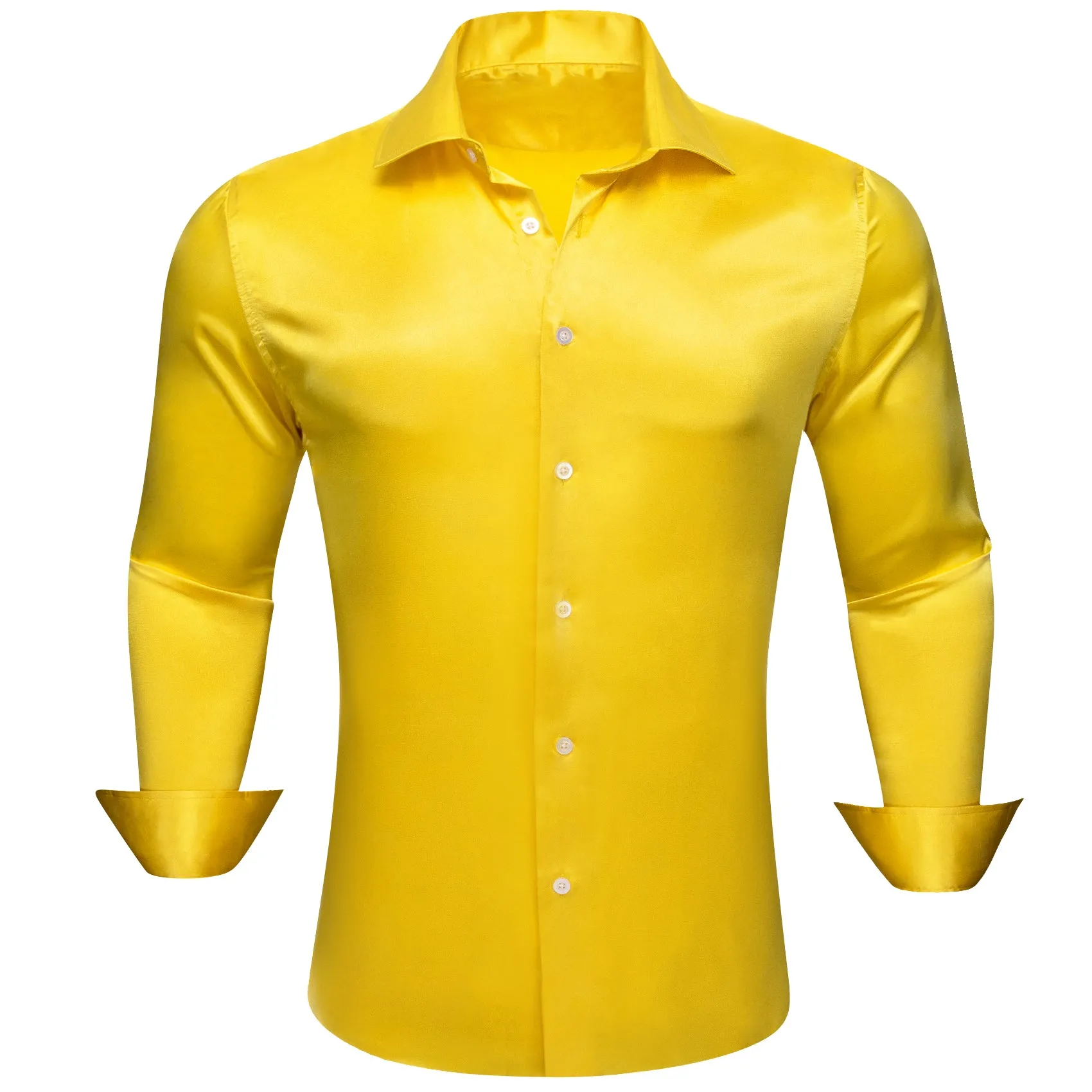 Barry.wang Men's Shirt Bright Yellow Solid Silk Long Sleeve Shirt Business