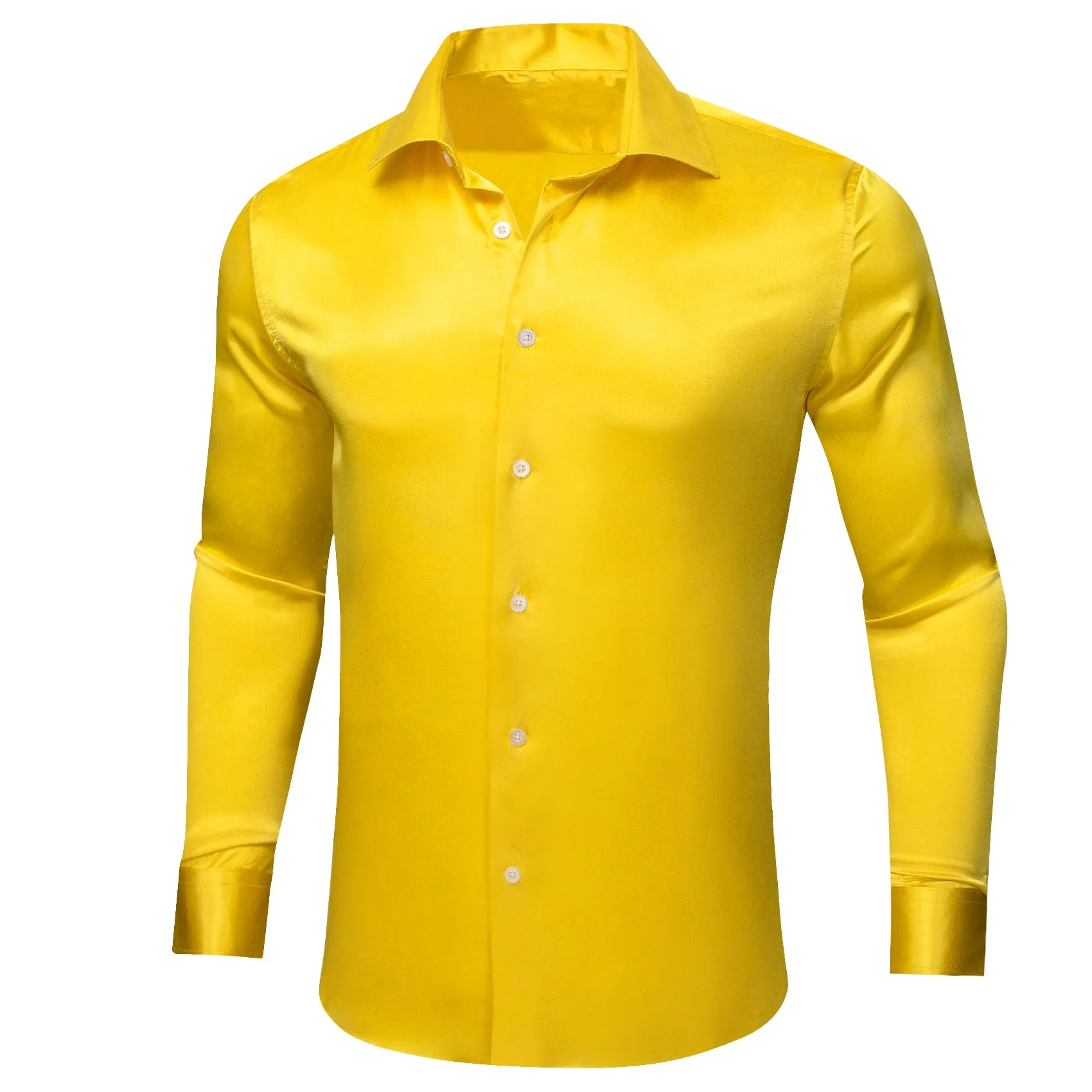 Barry.wang Men's Shirt Bright Yellow Solid Silk Long Sleeve Shirt Business