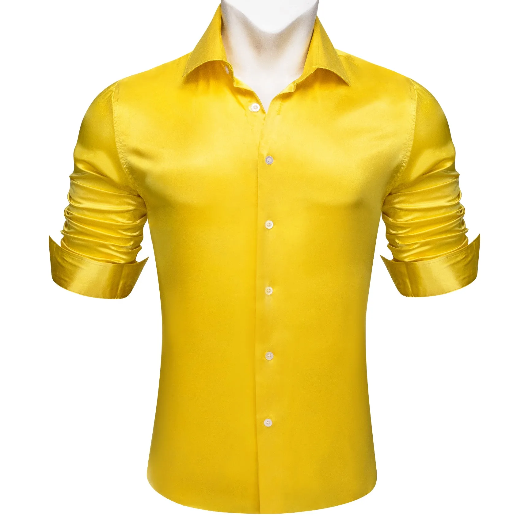 Barry.wang Men's Shirt Bright Yellow Solid Silk Long Sleeve Shirt Business