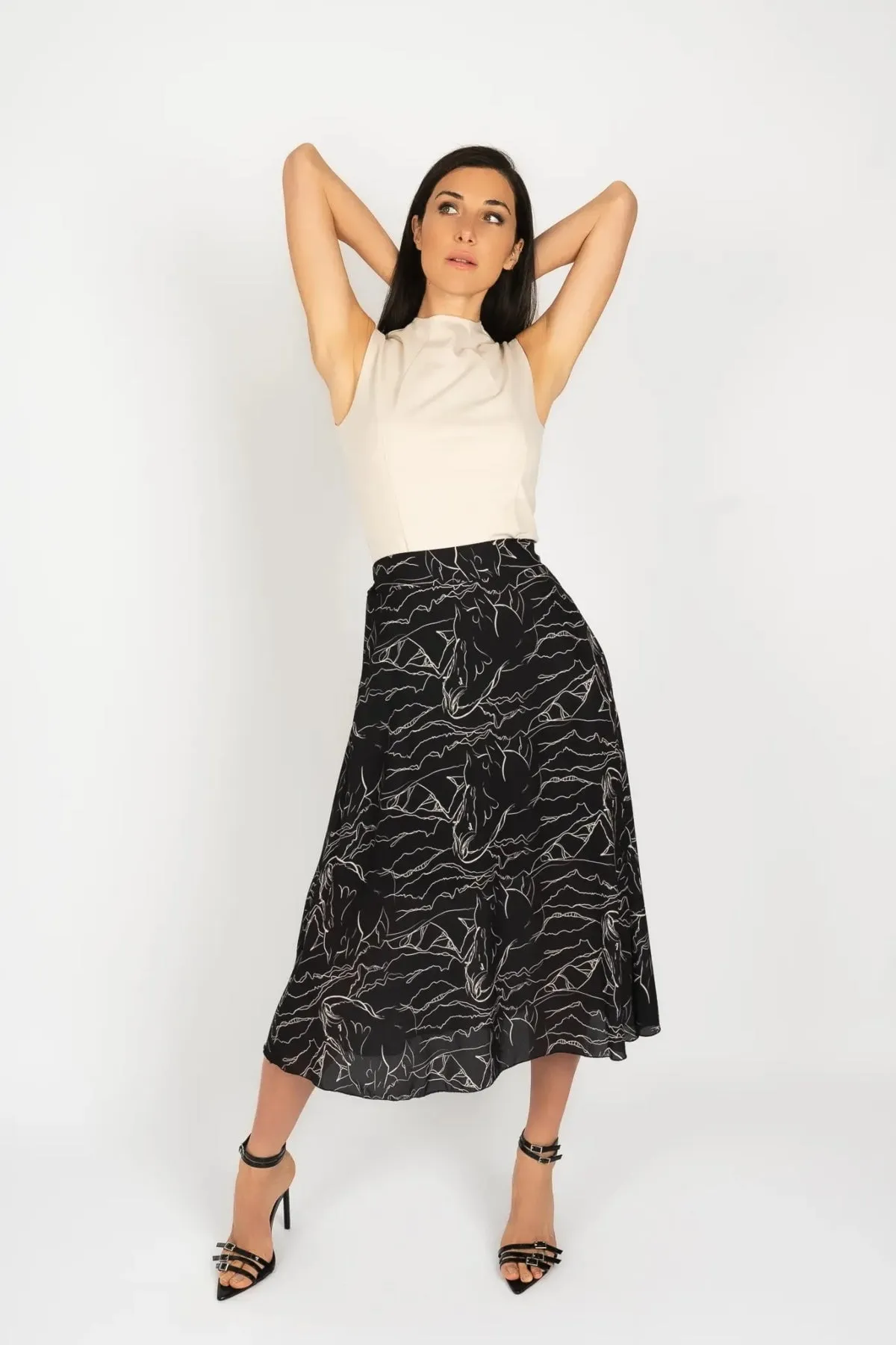 Black & White Print Midi Skirt