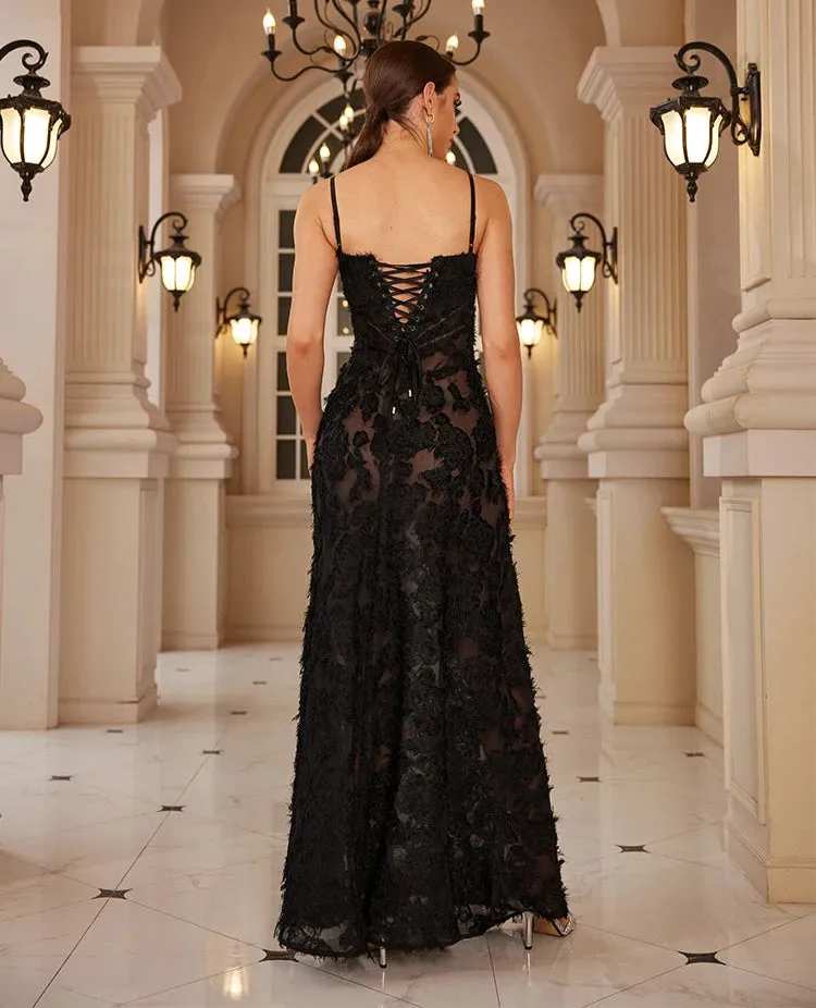 Black Appliques See-Through V-Neck Long Elegant Formal Dress