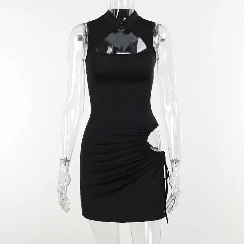 Black Hollow Out Drawstring Mini Dress