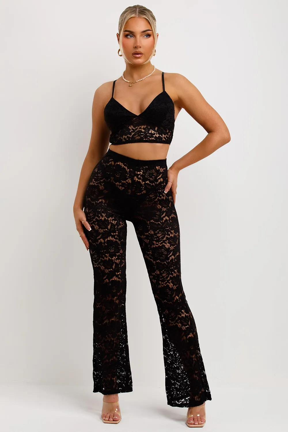 Black Lace Trousers And Top Co Ord Set