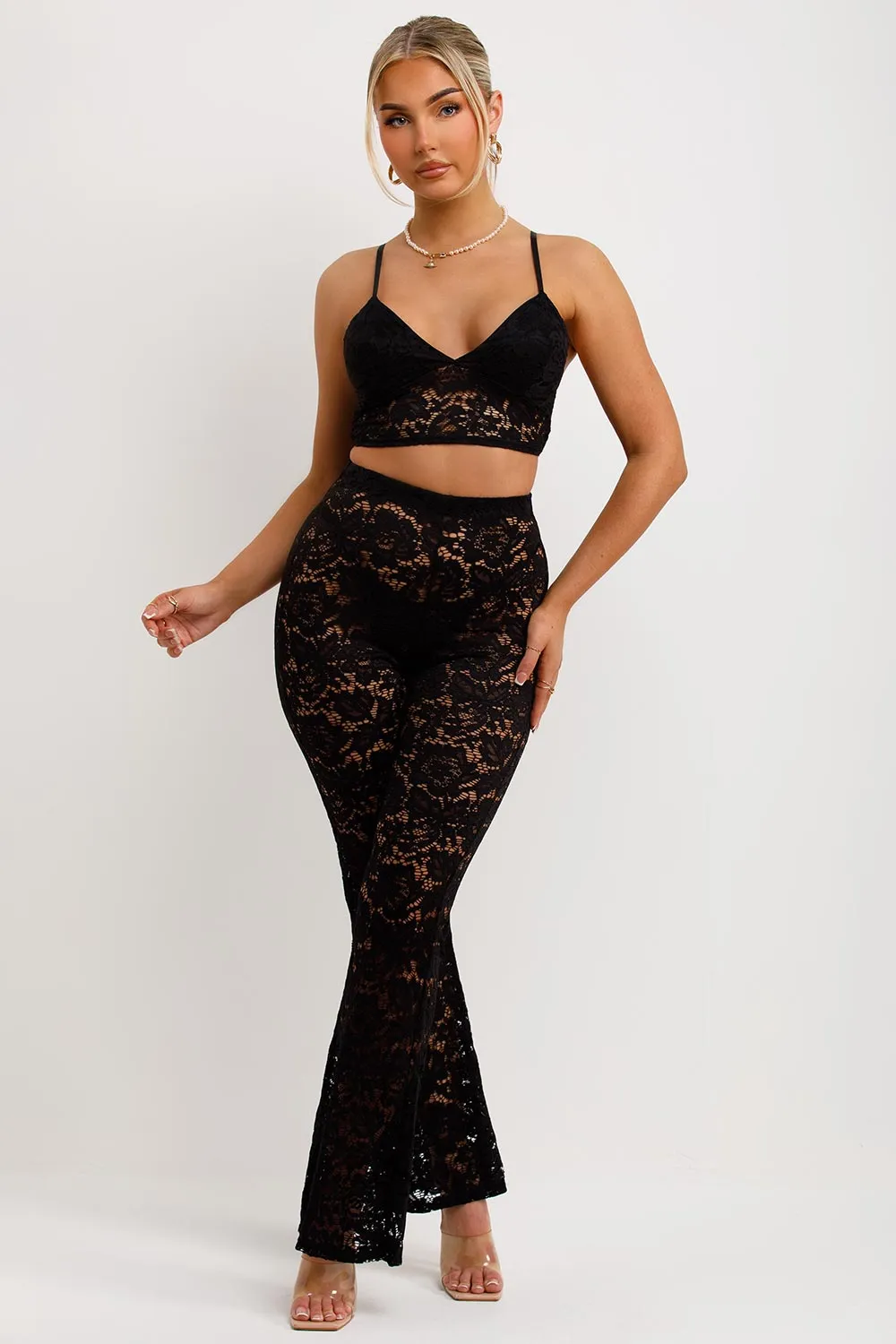 Black Lace Trousers And Top Co Ord Set