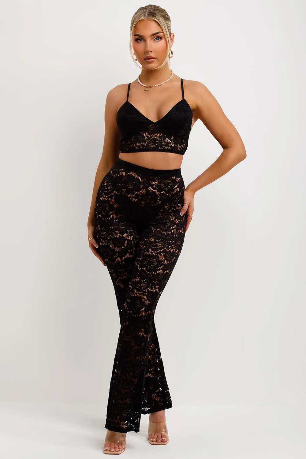 Black Lace Trousers And Top Co Ord Set