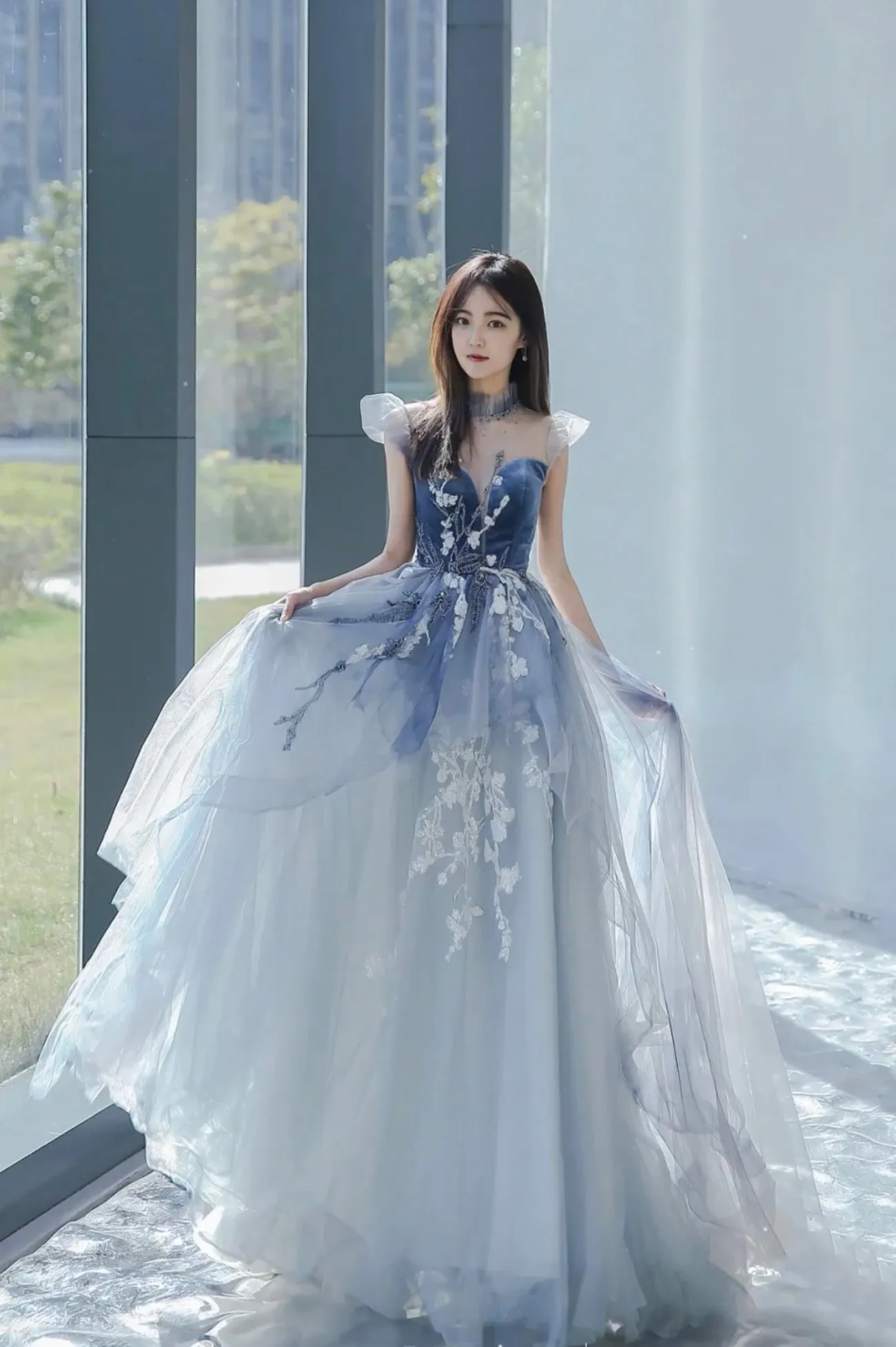 Blue Tulle Long A-Line Prom Dress with Lace, Lovely Evening Party Dress