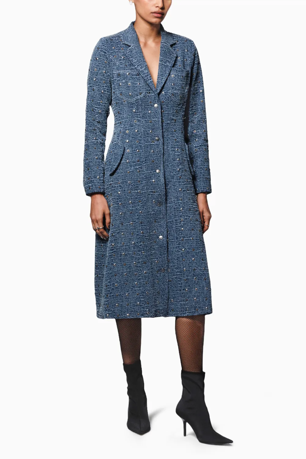 Blue Washed Distressed Denim Studded Trench