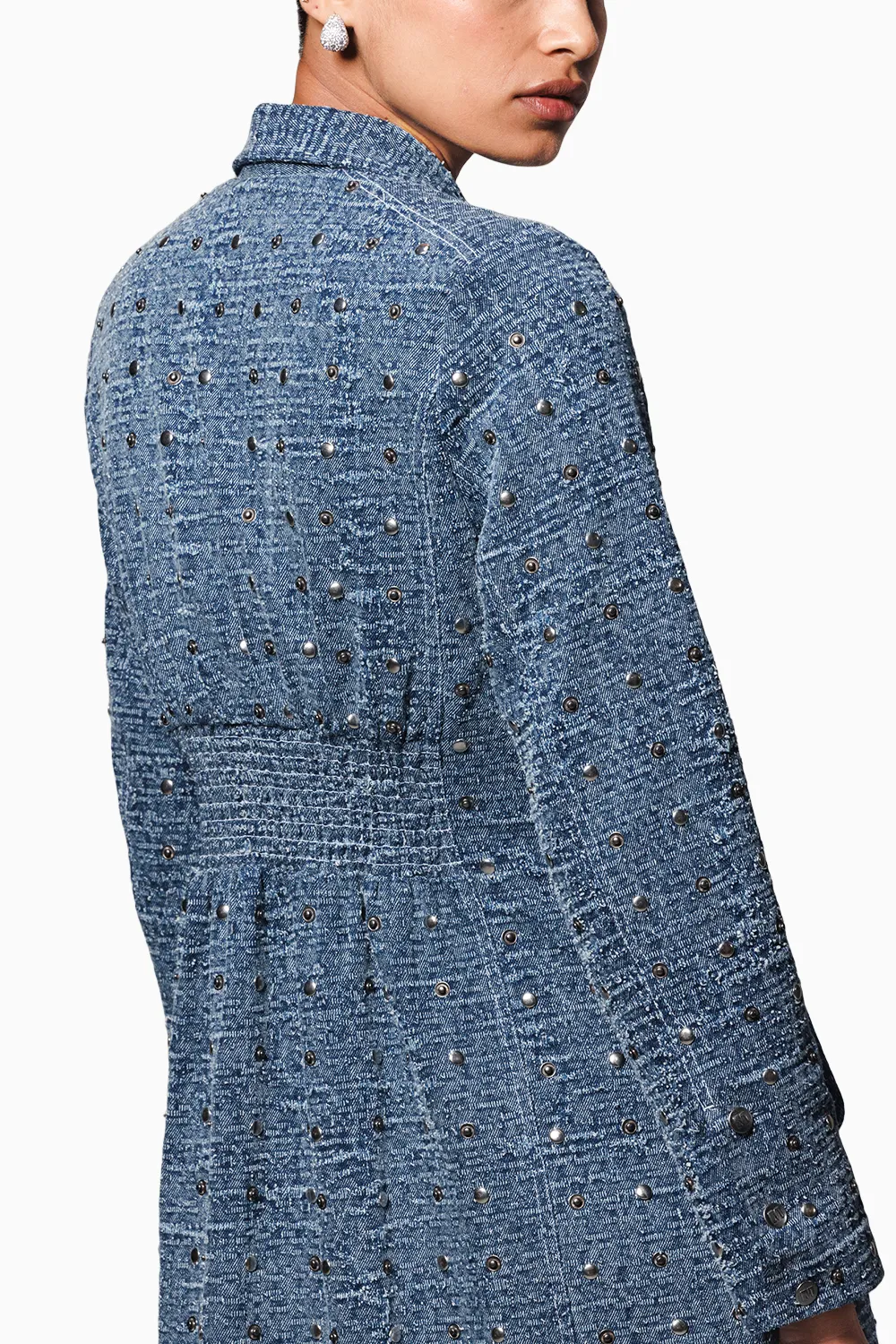 Blue Washed Distressed Denim Studded Trench