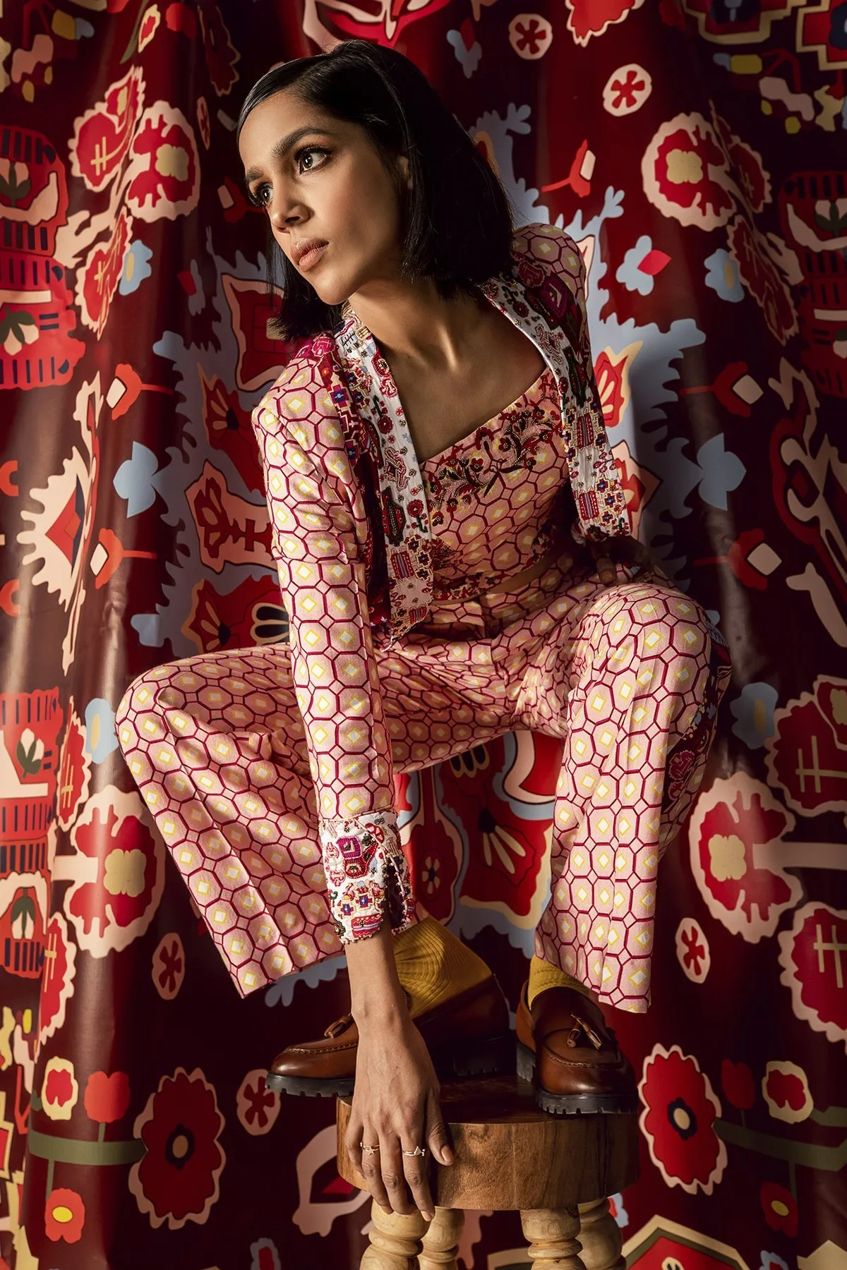 Blush Pink Mix Print Flared Pants