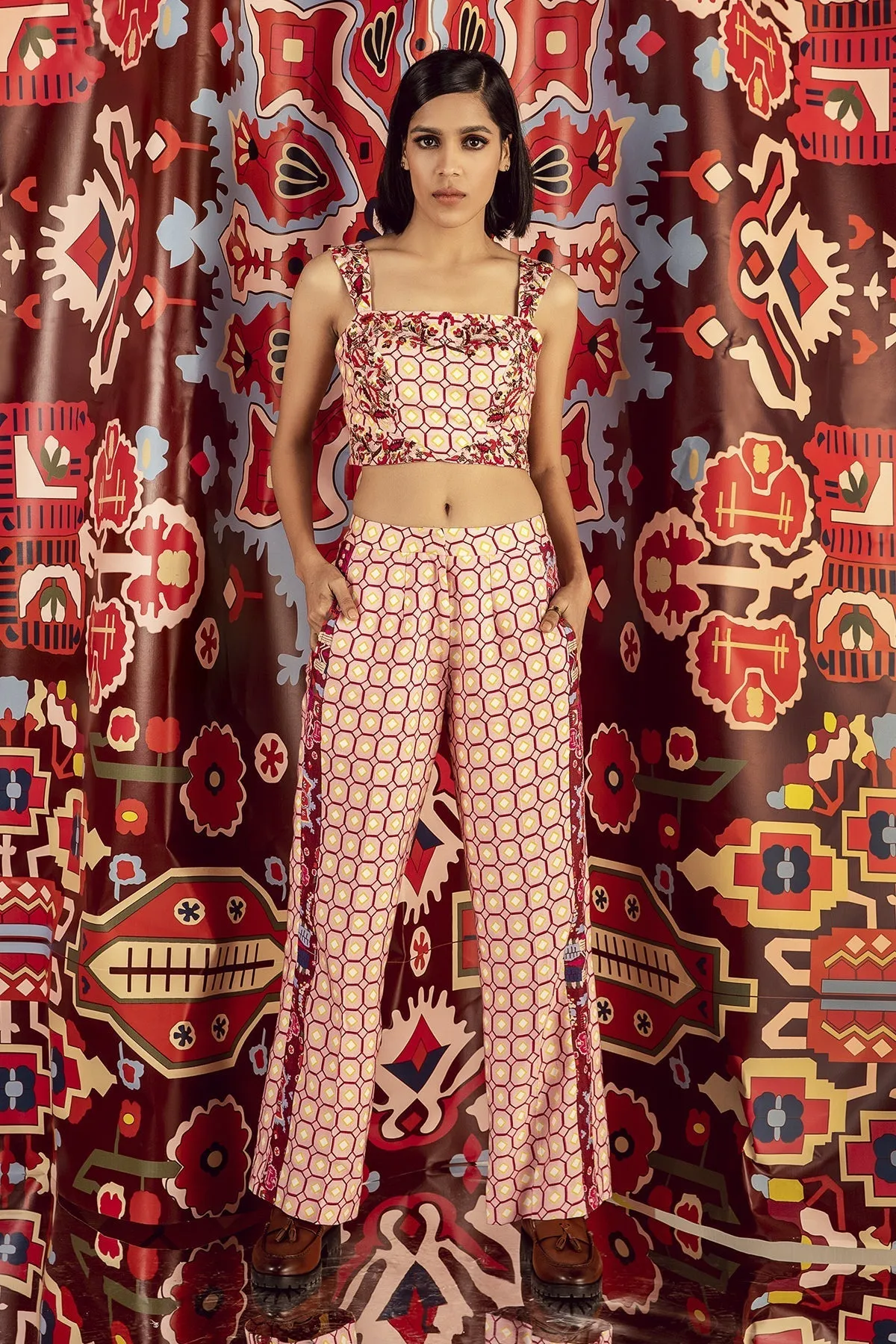 Blush Pink Mix Print Flared Pants
