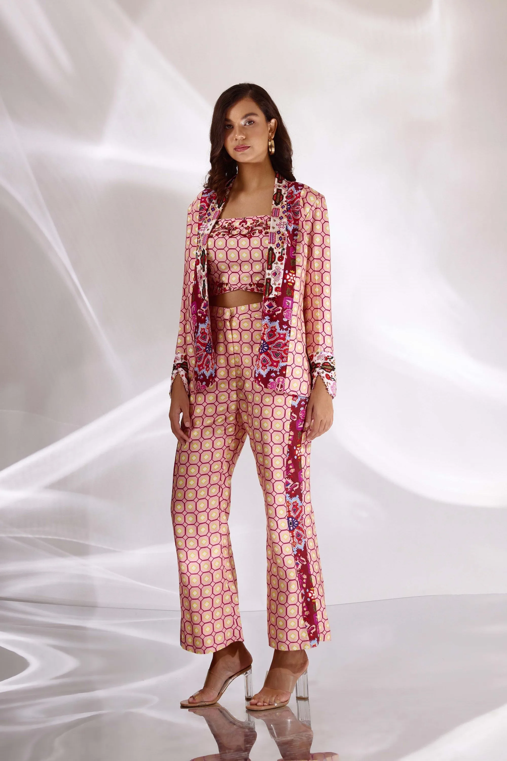 Blush Pink Mix Print Flared Pants