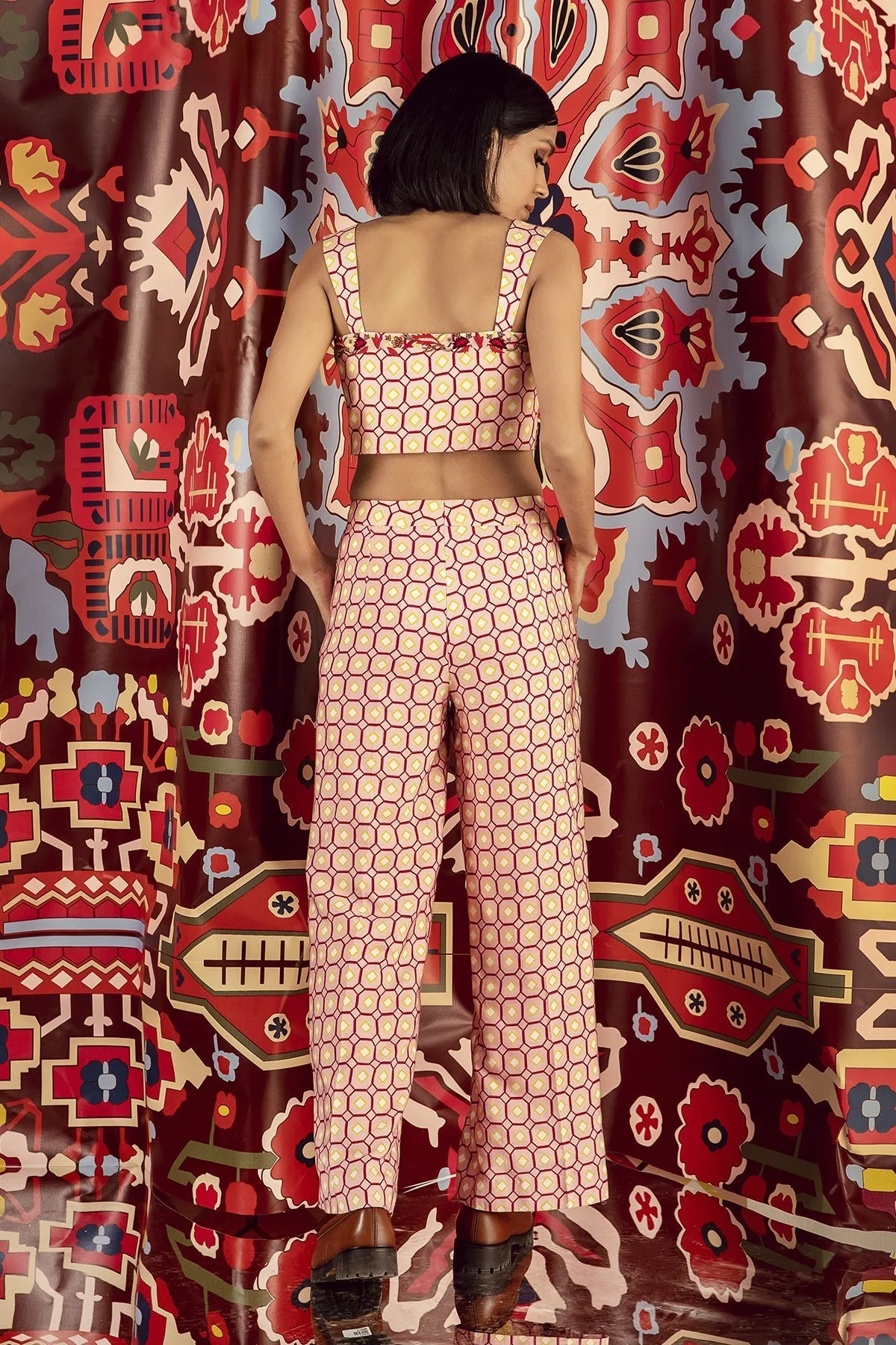 Blush Pink Mix Print Flared Pants
