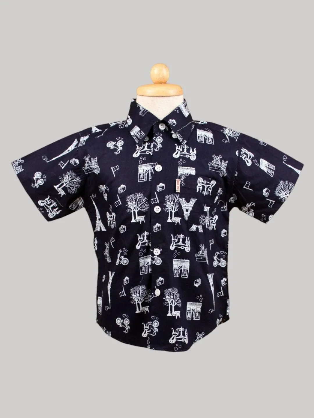 Boys’ Black Paris-Themed Shirt with White Bow Tie – Stylish Short Sleeve Outfit