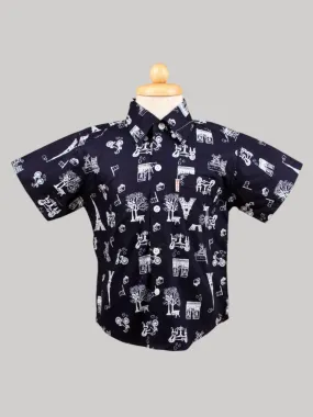 Boys’ Black Paris-Themed Shirt with White Bow Tie – Stylish Short Sleeve Outfit
