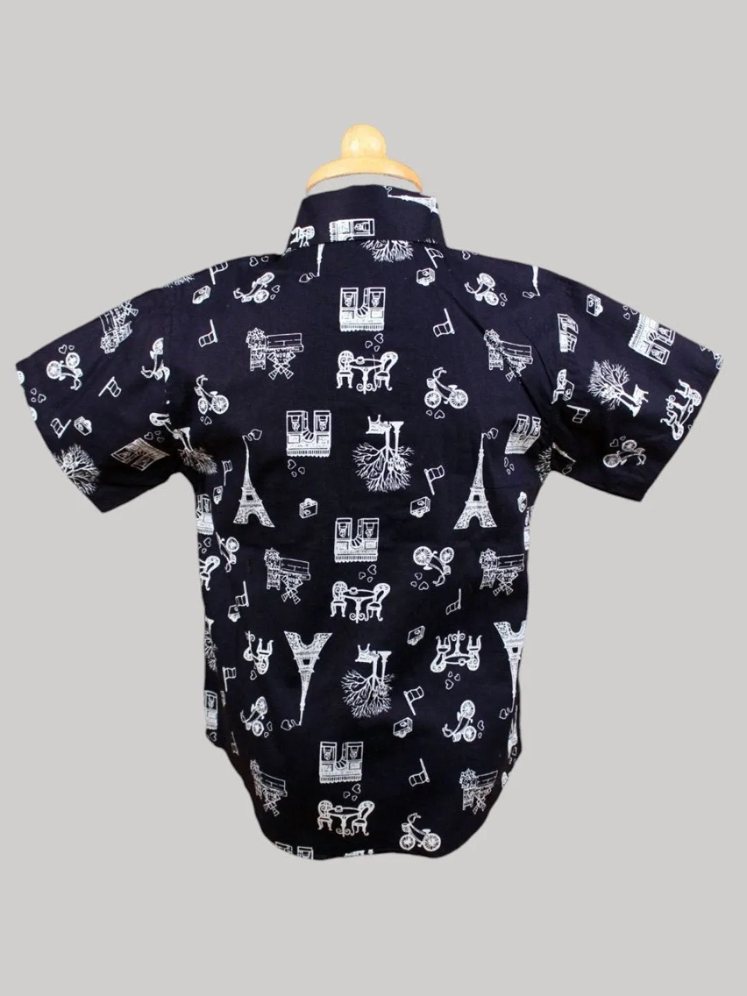 Boys’ Black Paris-Themed Shirt with White Bow Tie – Stylish Short Sleeve Outfit