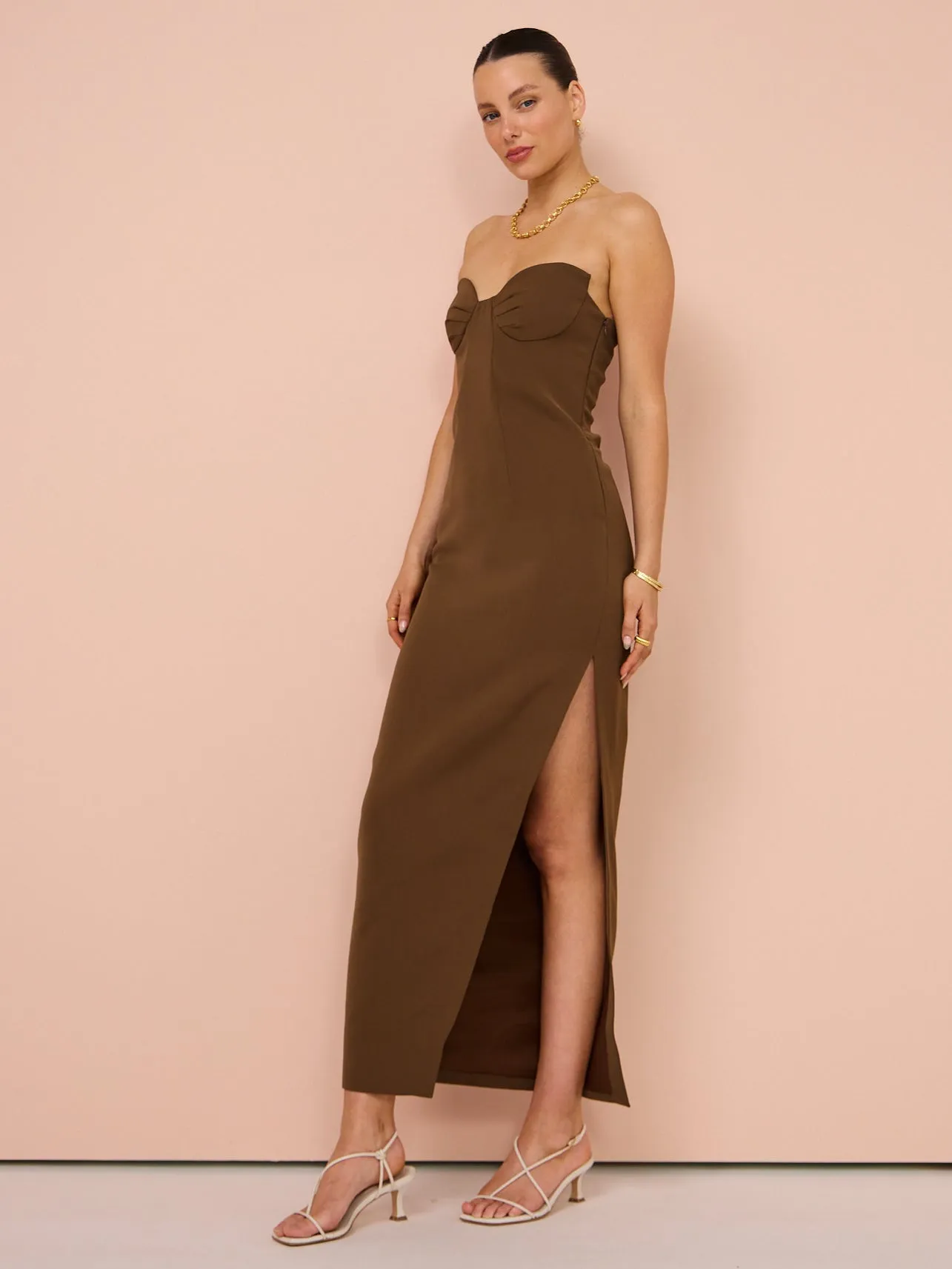 By Johnny Sahana Shell Shape Strapless Midi Dress in Chocolate