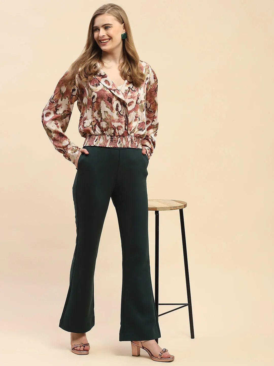 Camla Barcelona Solid Emerald Green Flared Trouser