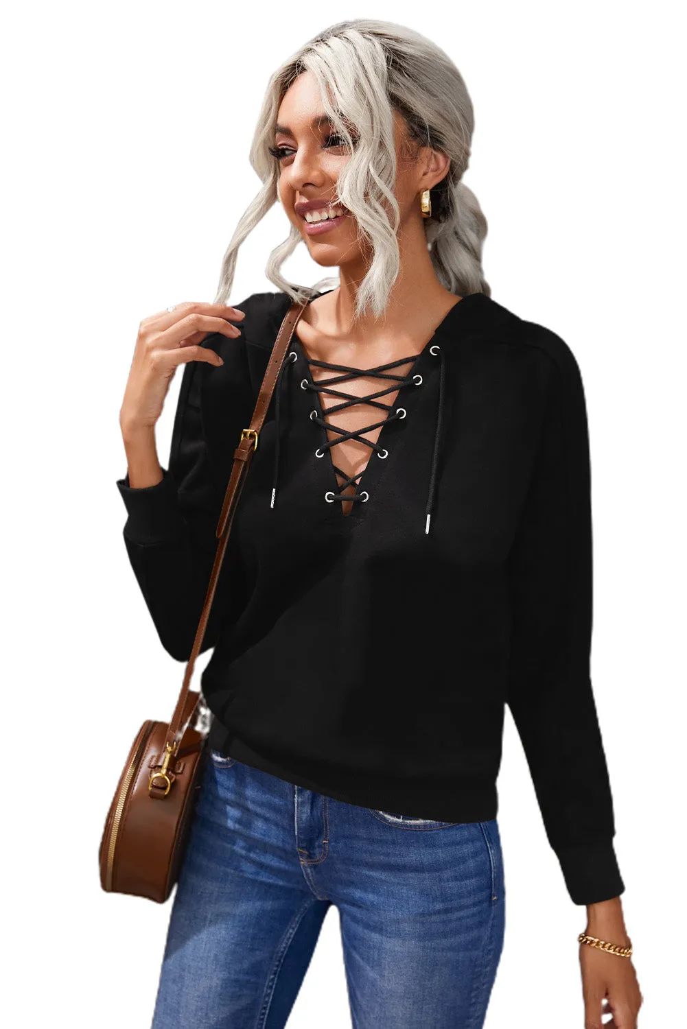 Casual Solid Color Lace-Up Hoodie