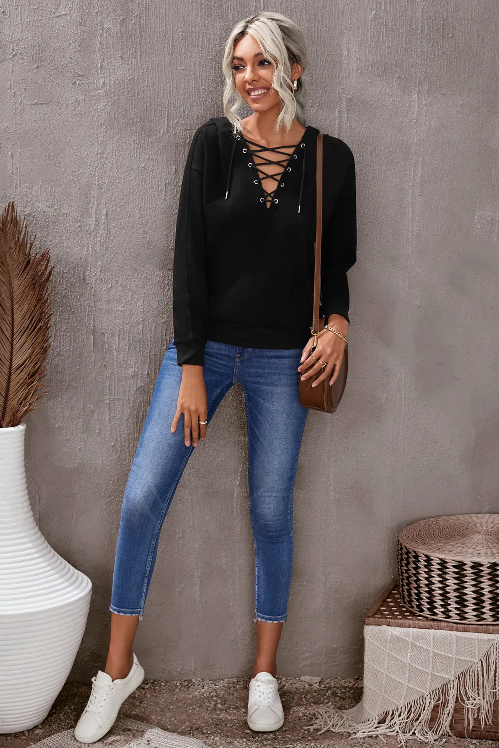 Casual Solid Color Lace-Up Hoodie