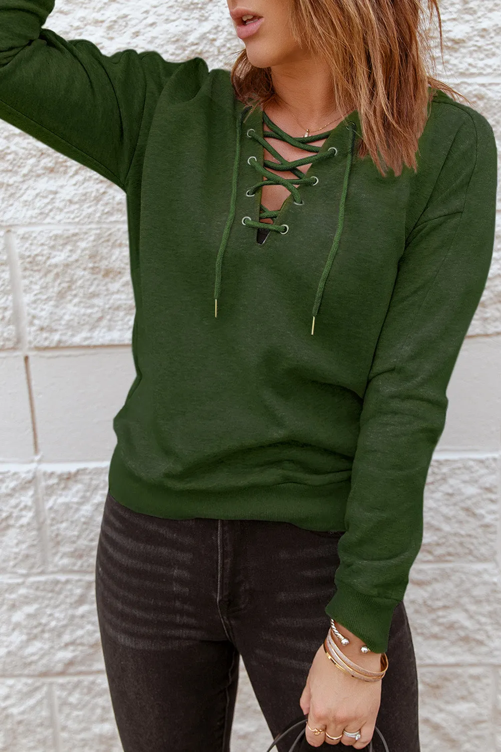 Casual Solid Color Lace-Up Hoodie
