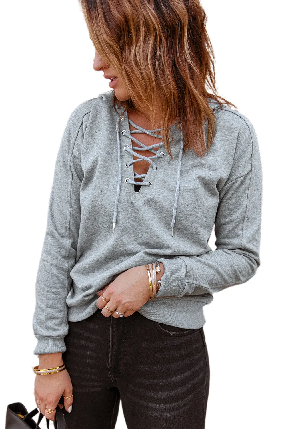 Casual Solid Color Lace-Up Hoodie