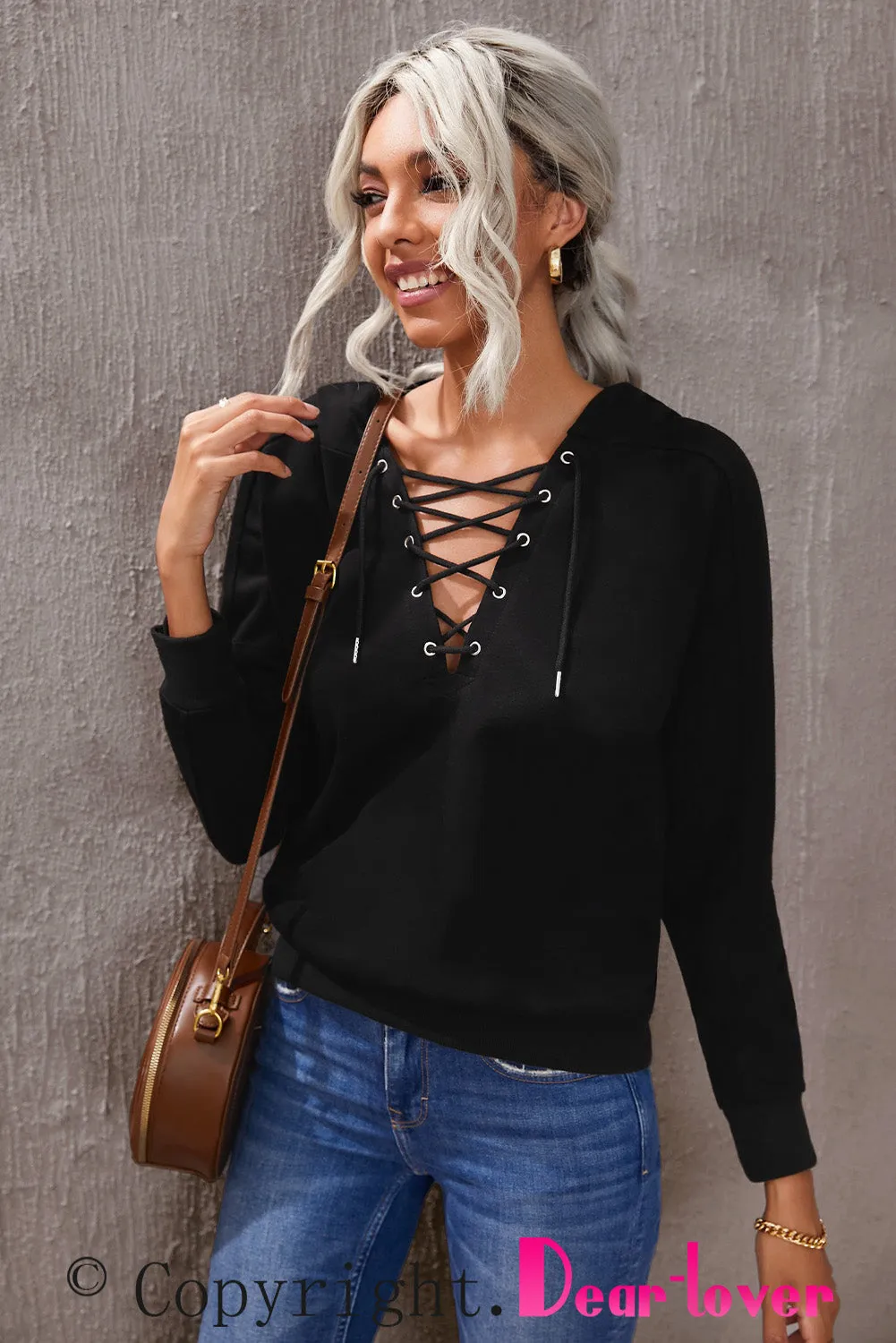 Casual Solid Color Lace-Up Hoodie