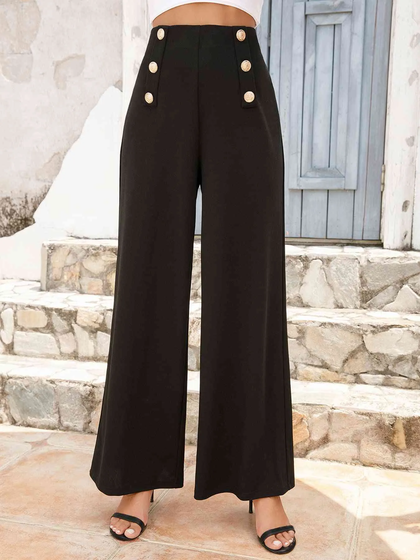 Chic High-Waisted Relaxed Fit Trousers with Button Accents