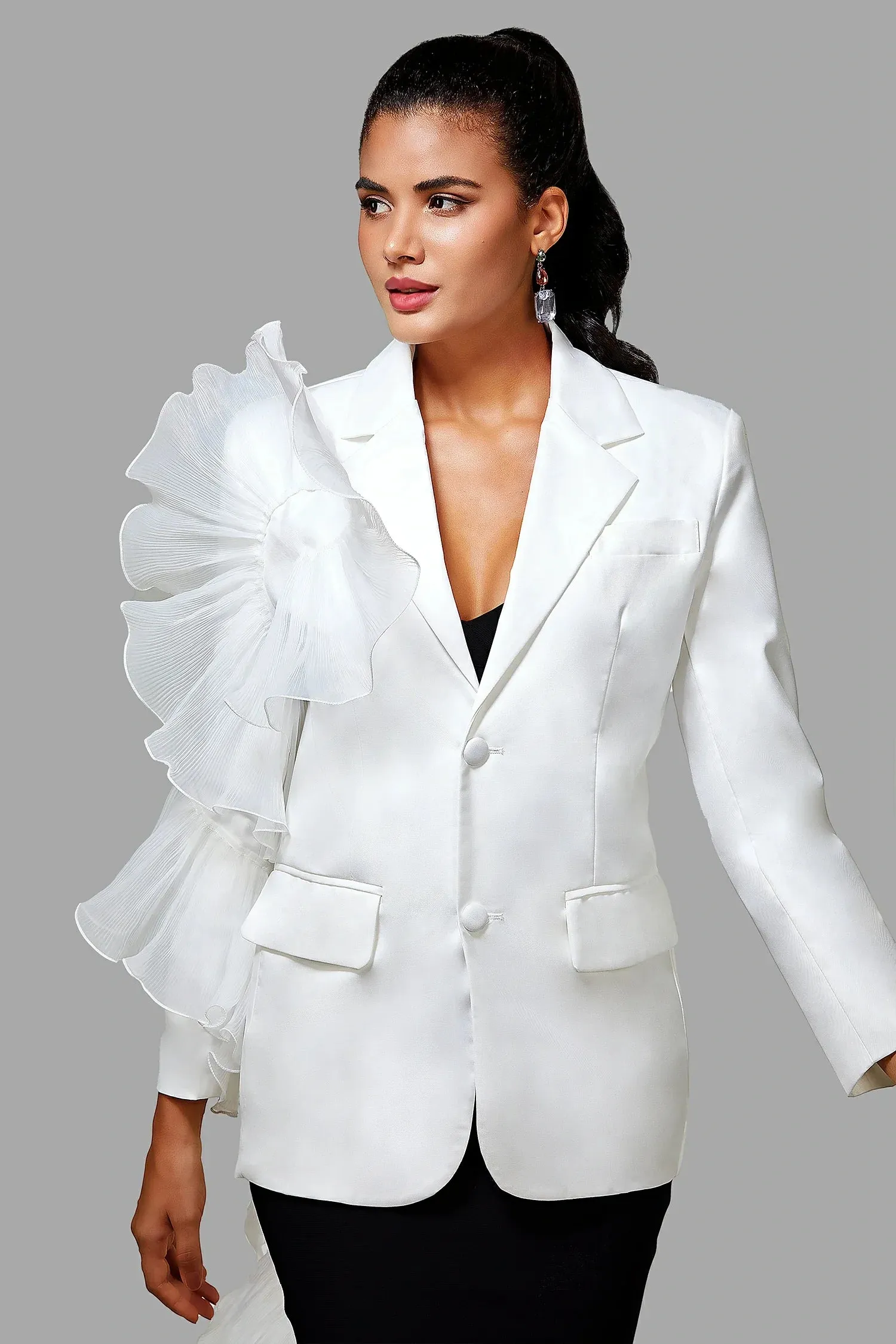 Chloe 3D Mesh Ruffle Edges Blazer in White