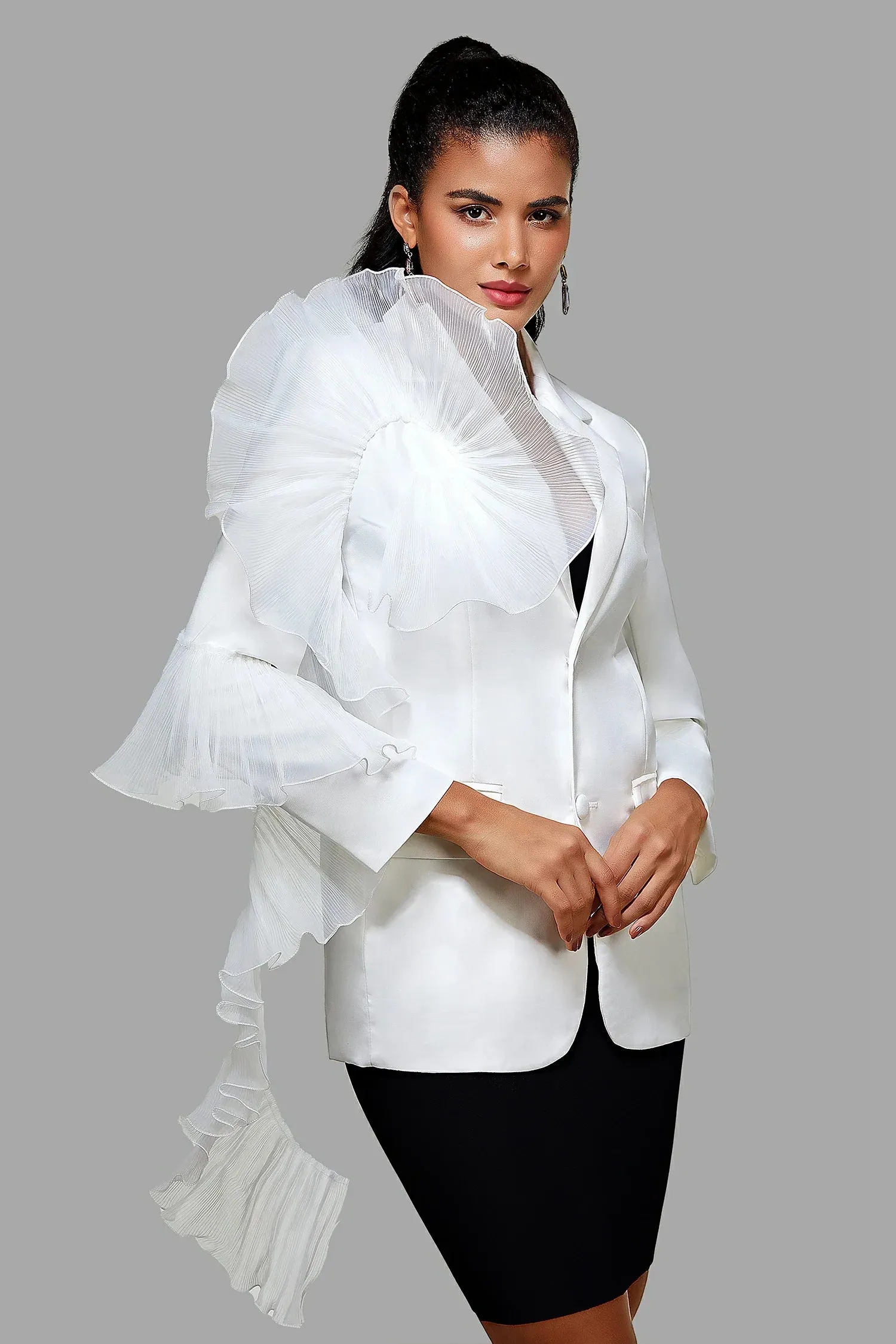 Chloe 3D Mesh Ruffle Edges Blazer in White