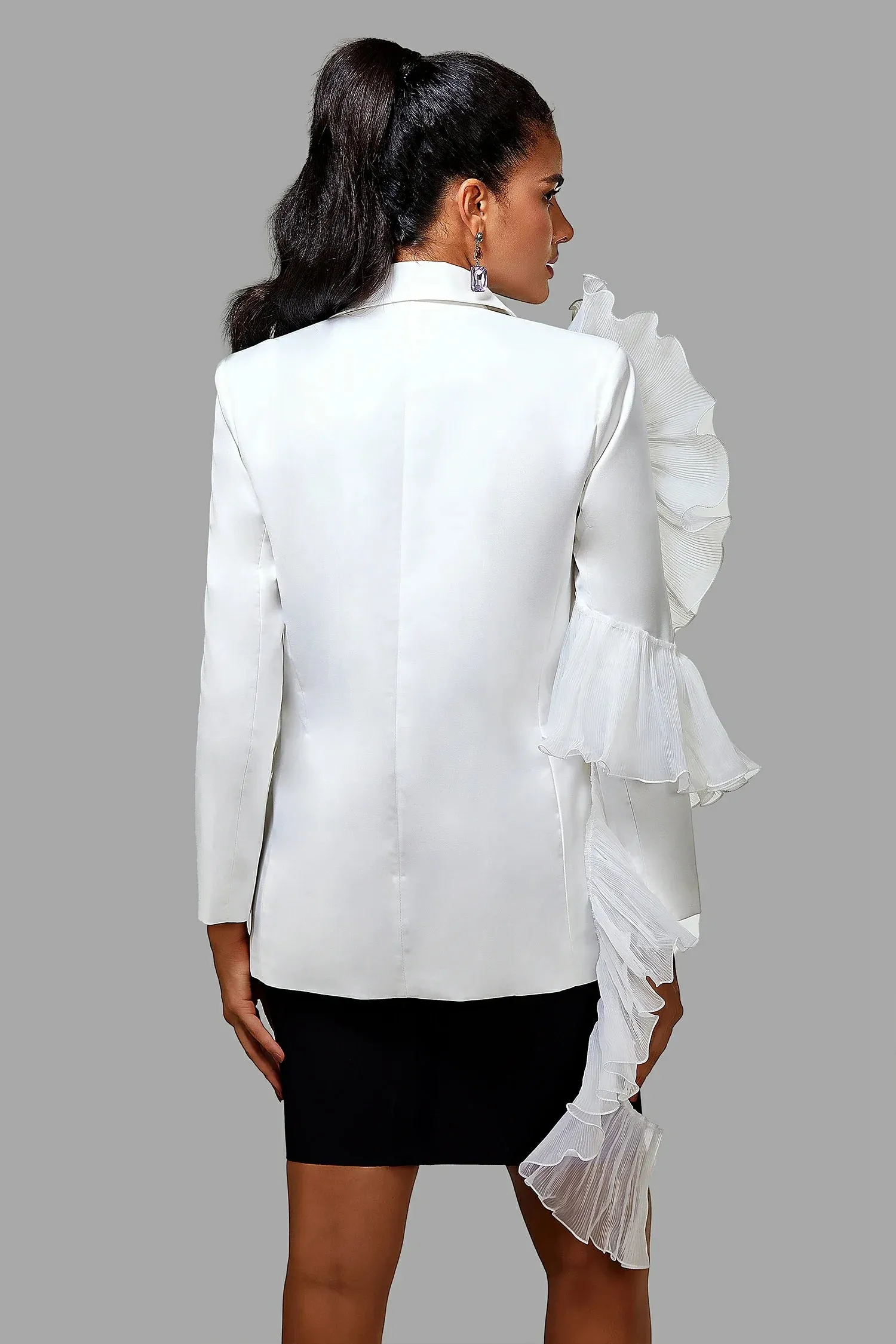 Chloe 3D Mesh Ruffle Edges Blazer in White