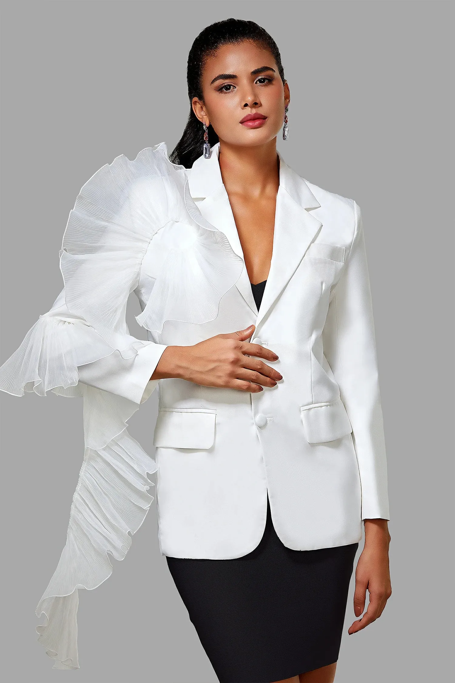 Chloe 3D Mesh Ruffle Edges Blazer in White
